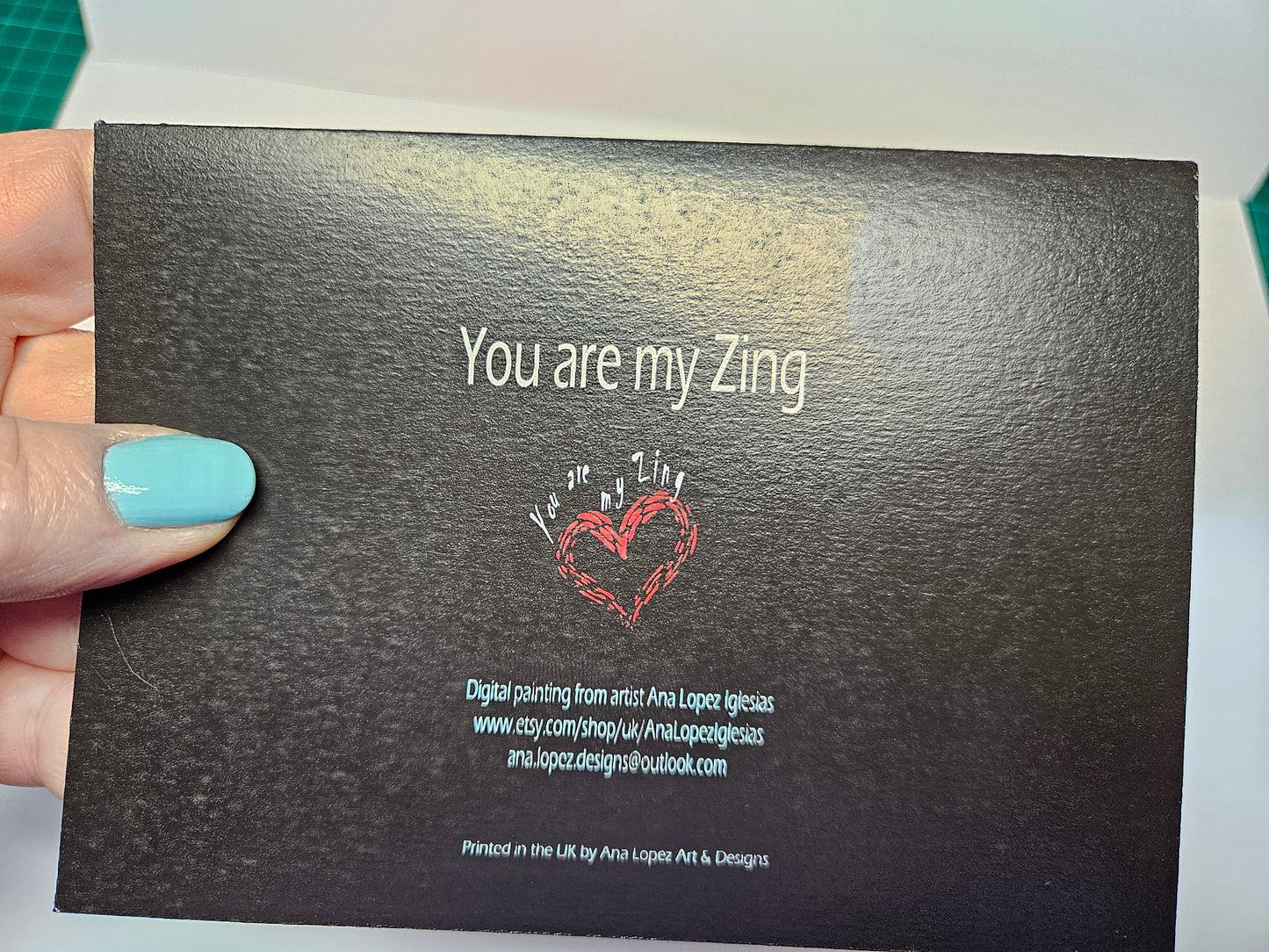 You are My Zing Greeting Card printed on black cardstock. With a bright red envelope in a biodegradable acetate sleeve. Size A6. Digital design