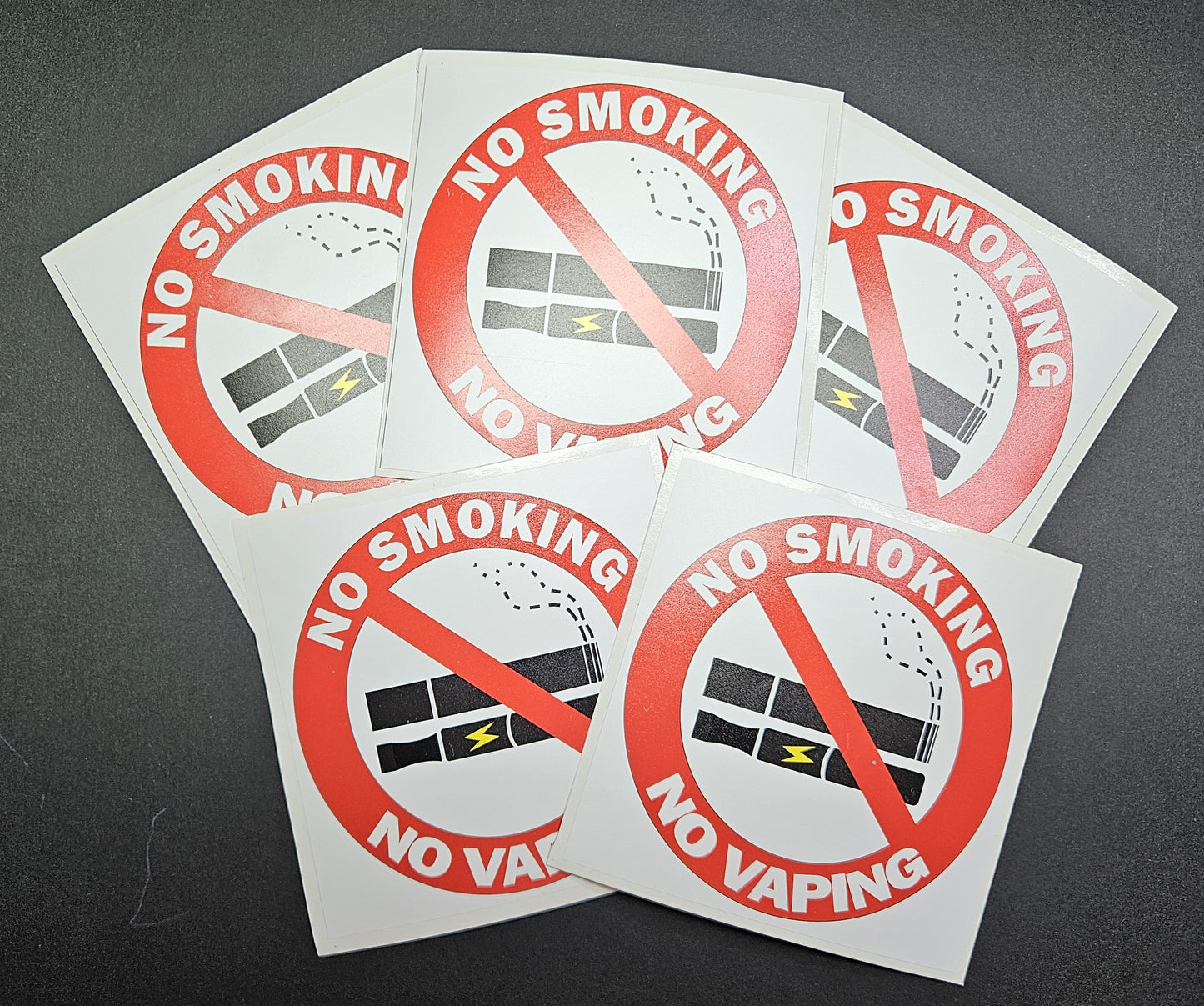 No Smoking No Vaping Signs Vinyl Stickers 10 X 10 cm square. Choose per Unit, or 5 signs and get 1 Free, or 10 signs and get 2 Free.