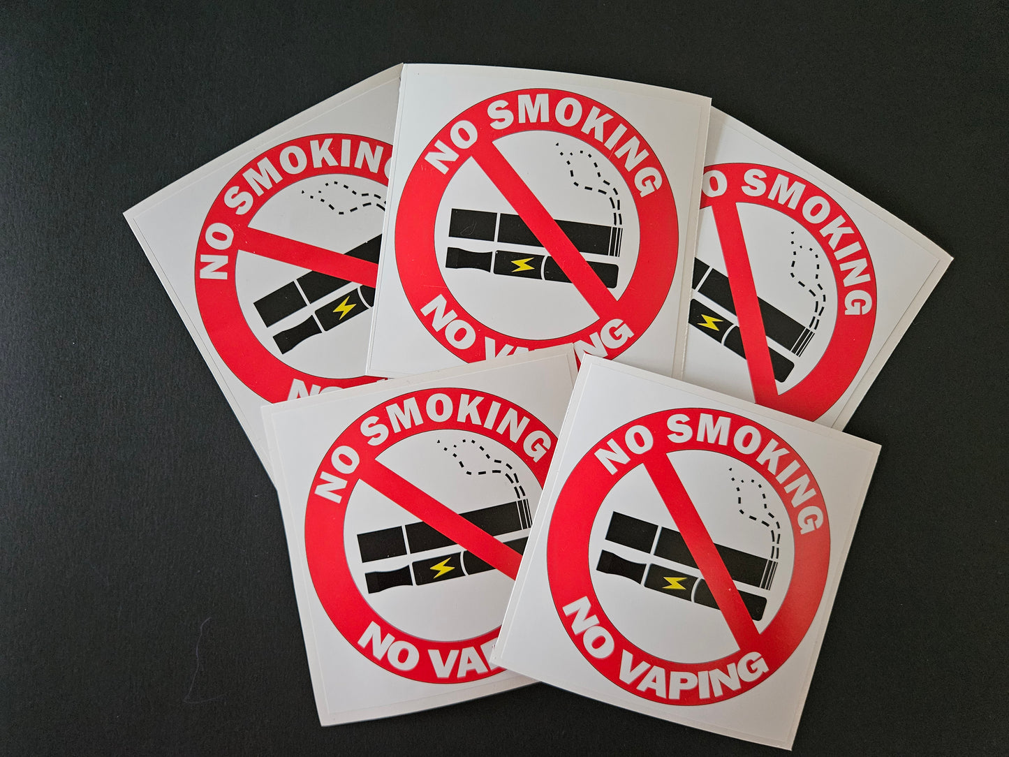 No Smoking No Vaping Signs Vinyl Stickers 10 X 10 cm square. Choose per Unit, or 5 signs and get 1 Free, or 10 signs and get 2 Free.