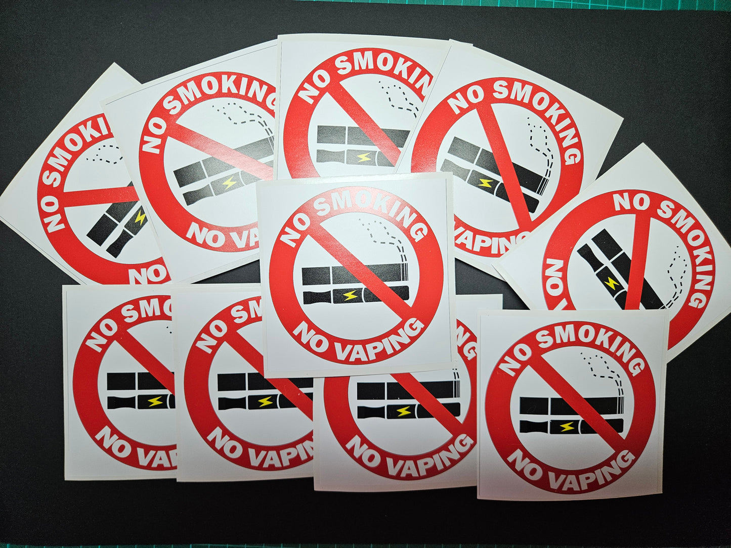 No Smoking No Vaping Signs Vinyl Stickers 10 X 10 cm square. Choose per Unit, or 5 signs and get 1 Free, or 10 signs and get 2 Free.