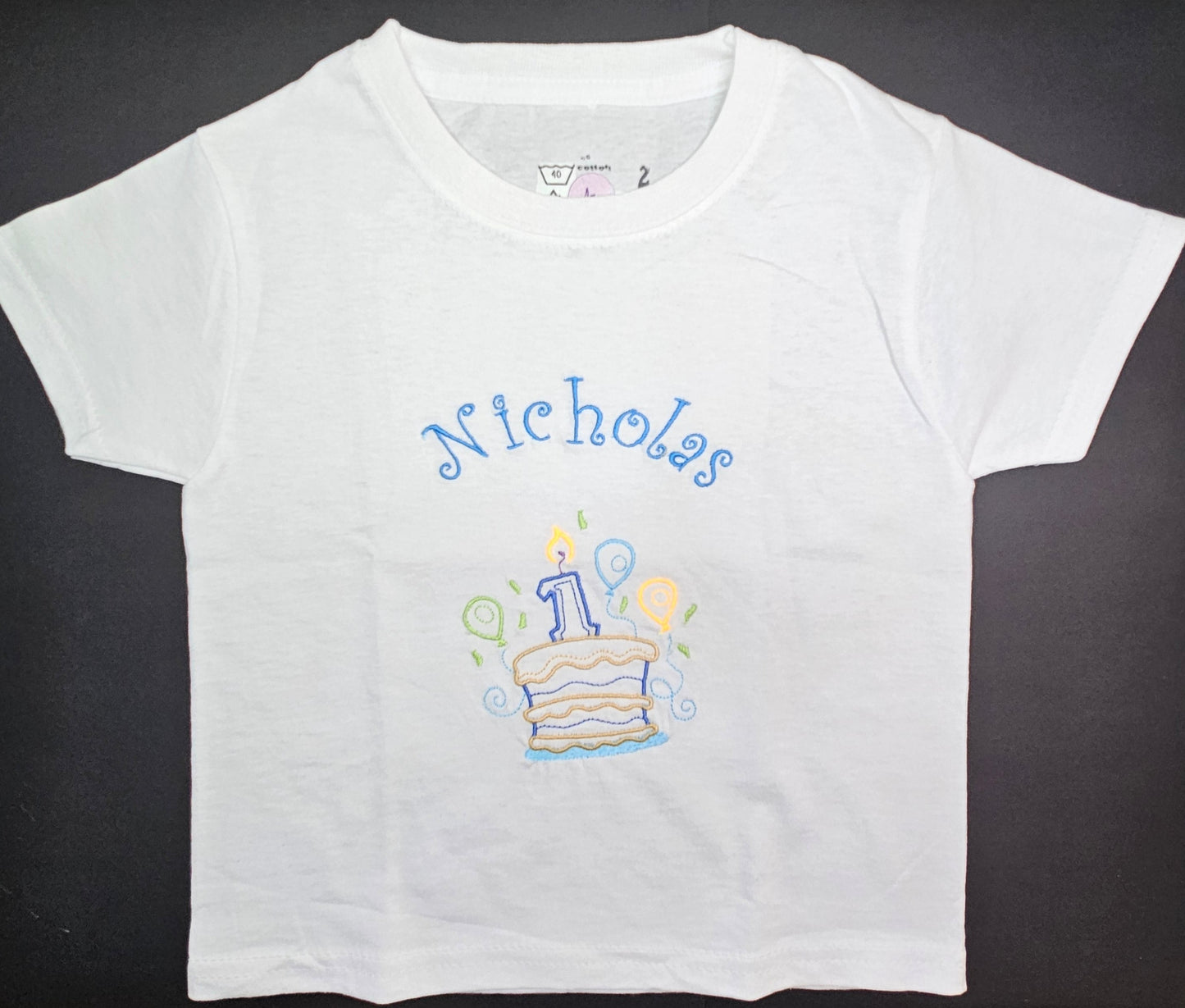 Personalised Tee 1st Birthday for Toddlers 1-2 sizes. 1st Year Birthday Cake embroidered on a cotton T-Shirt. Comfy and excellent quality Tees.