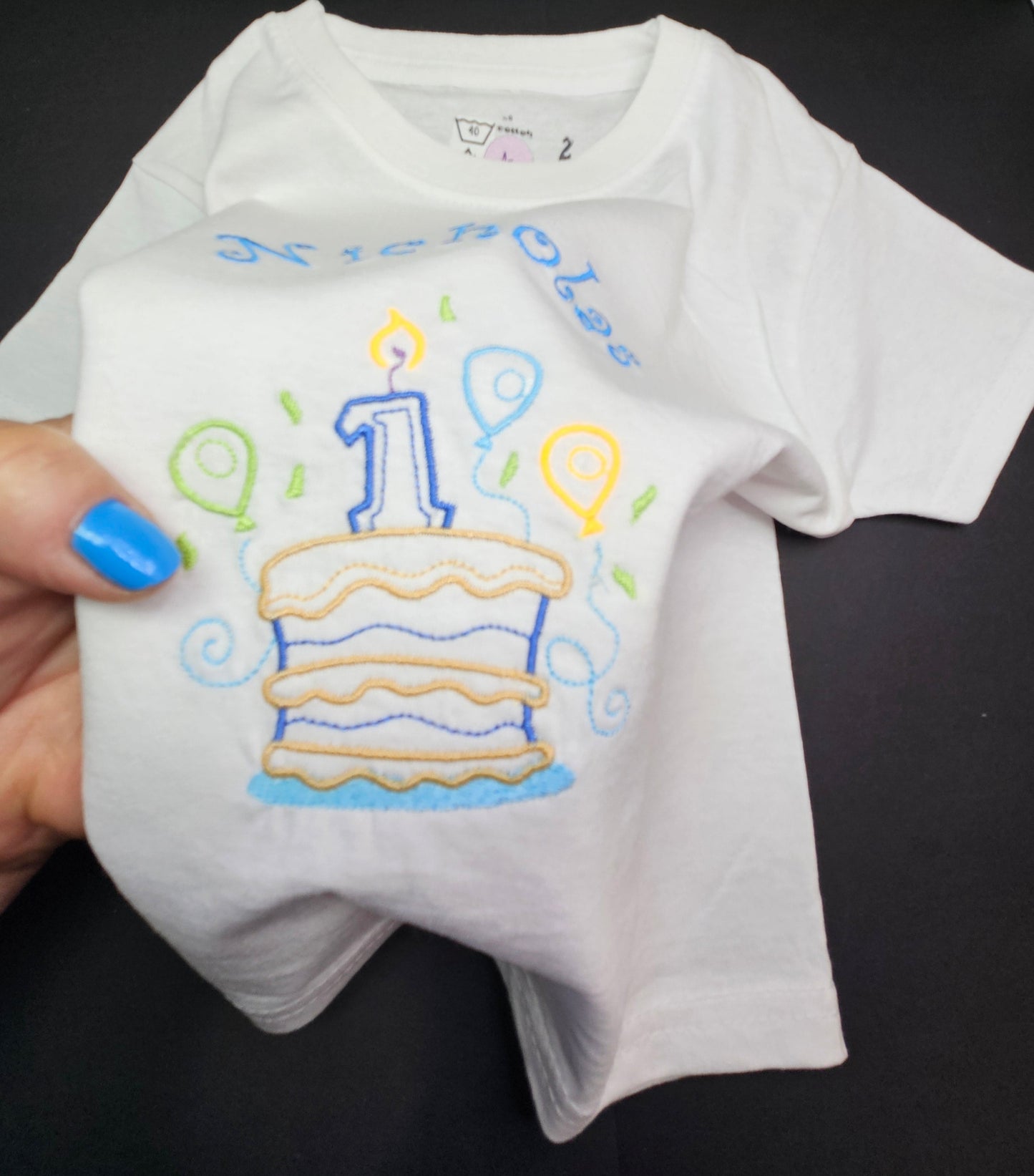 Personalised Tee 1st Birthday for Toddlers 1-2 sizes. 1st Year Birthday Cake embroidered on a cotton T-Shirt. Comfy and excellent quality Tees.