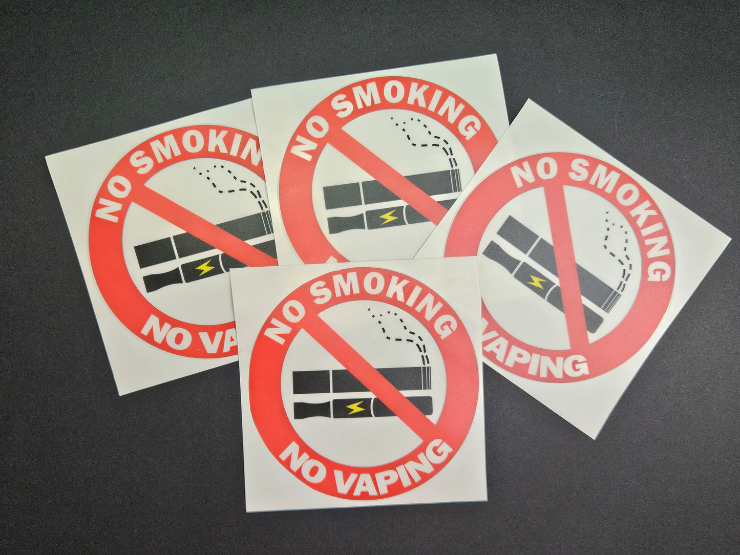 Transparent background & Laminated - No Smoking No Vaping Signs Vinyl Stickers 10 cm diameter. Choose per Unit, or 5 signs and get 1 Free, or 10 signs and get 2 Free.