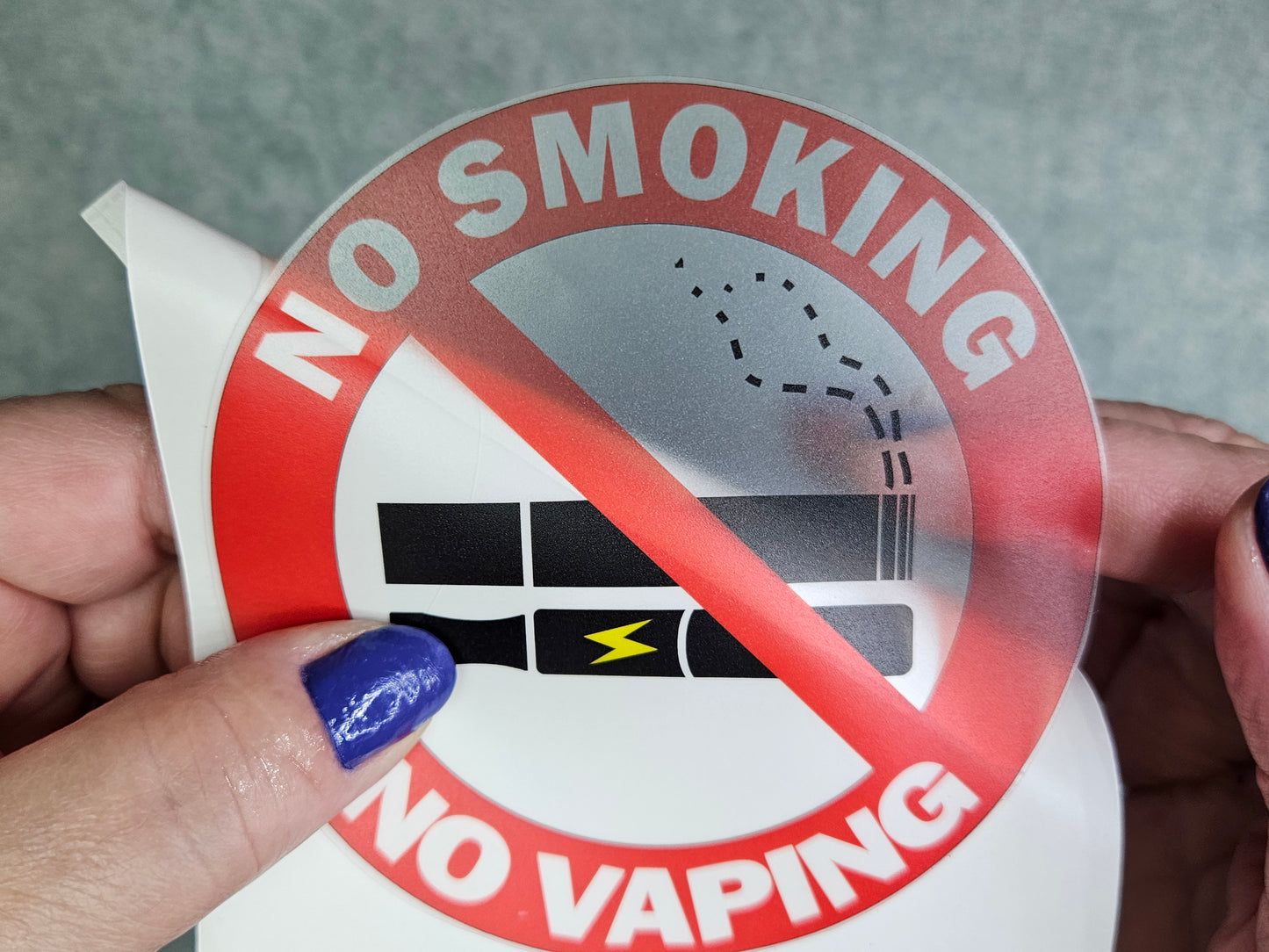 Transparent background & Laminated - No Smoking No Vaping Signs Vinyl Stickers 10 cm diameter. Choose per Unit, or 5 signs and get 1 Free, or 10 signs and get 2 Free.