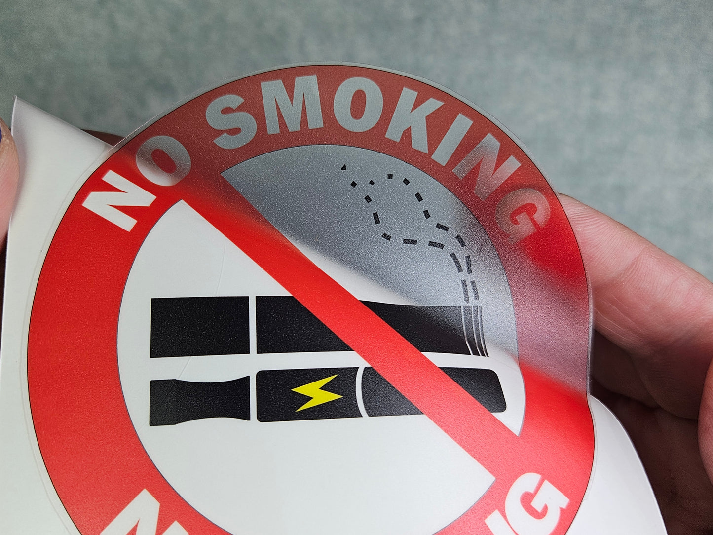 Transparent background & Laminated - No Smoking No Vaping Signs Vinyl Stickers 10 cm diameter. Choose per Unit, or 5 signs and get 1 Free, or 10 signs and get 2 Free.