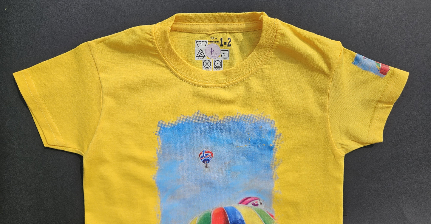 Sunflower Yellow. T-Shirts with Hot Air Balloons in Bristol Graphics for Toddlers, and Youth. Sunflower colour.