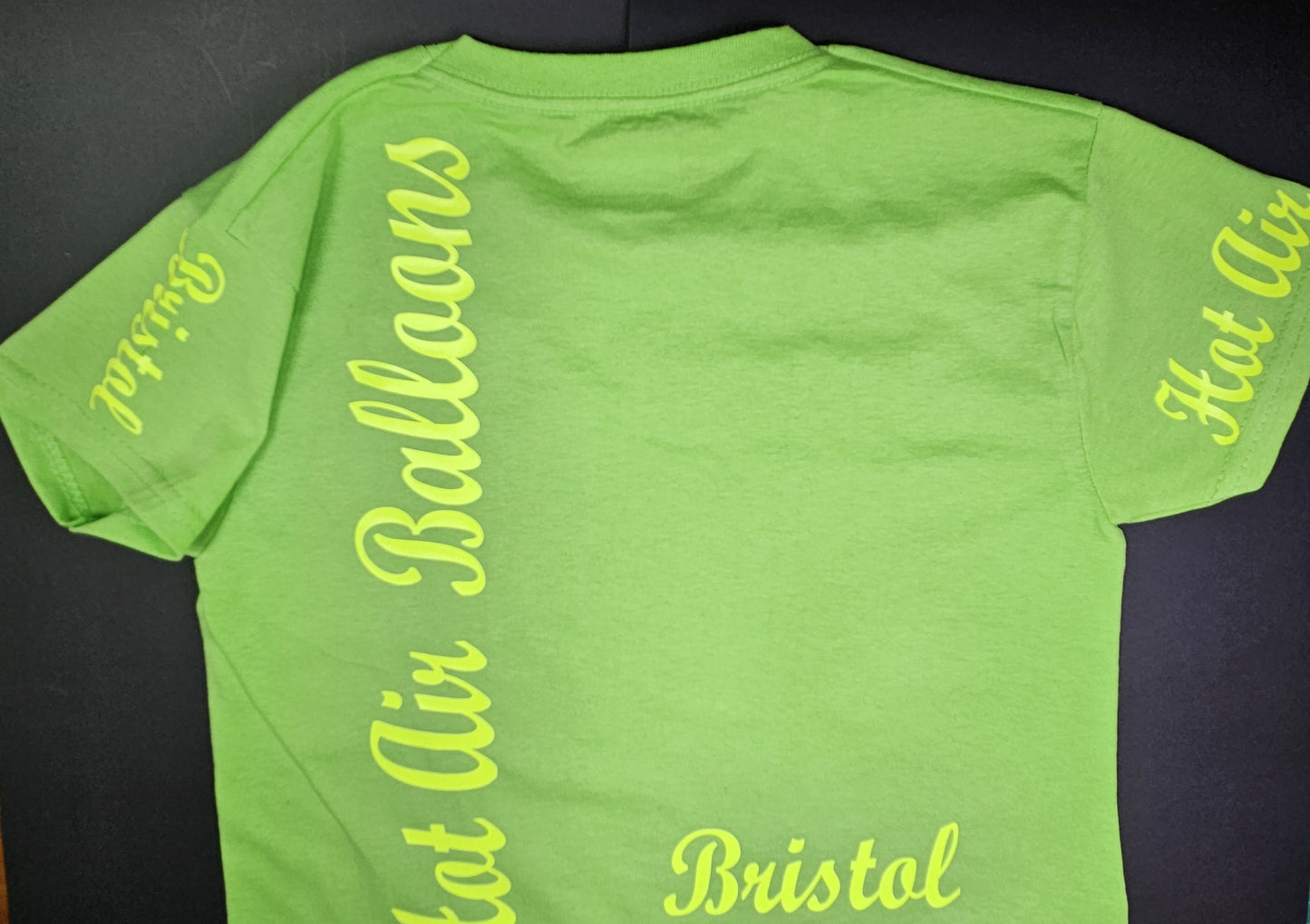 Lime Green Colour. T-Shirts with Hot Air Balloons in Bristol Graphics for Toddlers, and Youth. Lime green colour