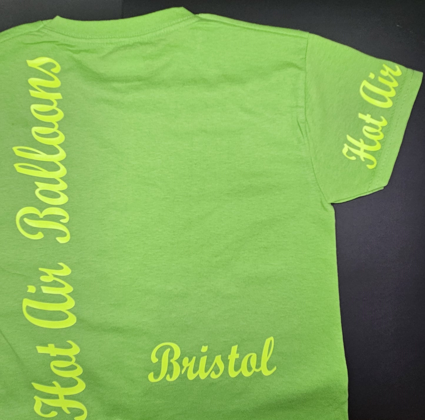 Lime Green Colour. T-Shirts with Hot Air Balloons in Bristol Graphics for Toddlers, and Youth. Lime green colour