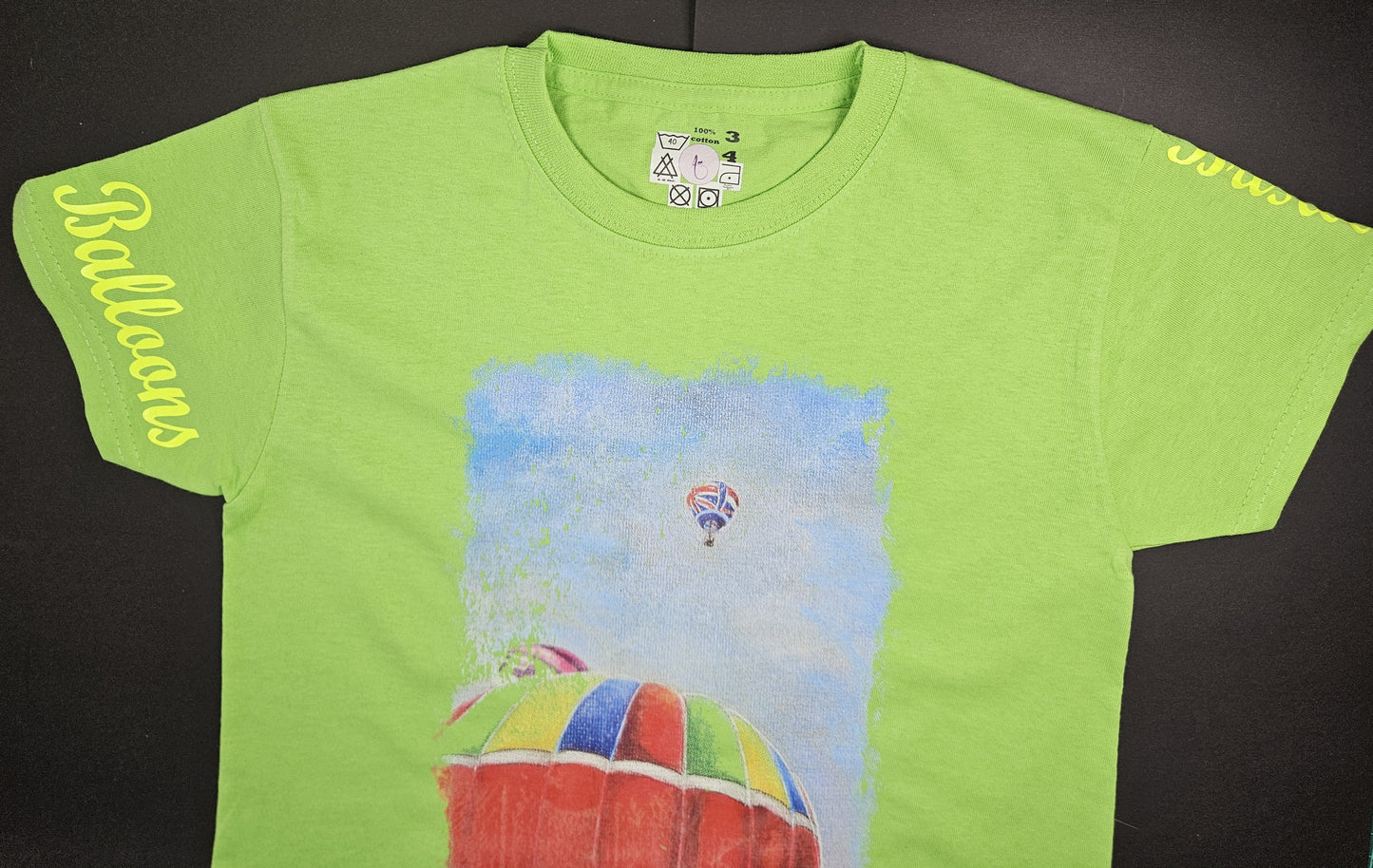 Lime Green Colour. T-Shirts with Hot Air Balloons in Bristol Graphics for Toddlers, and Youth. Lime green colour