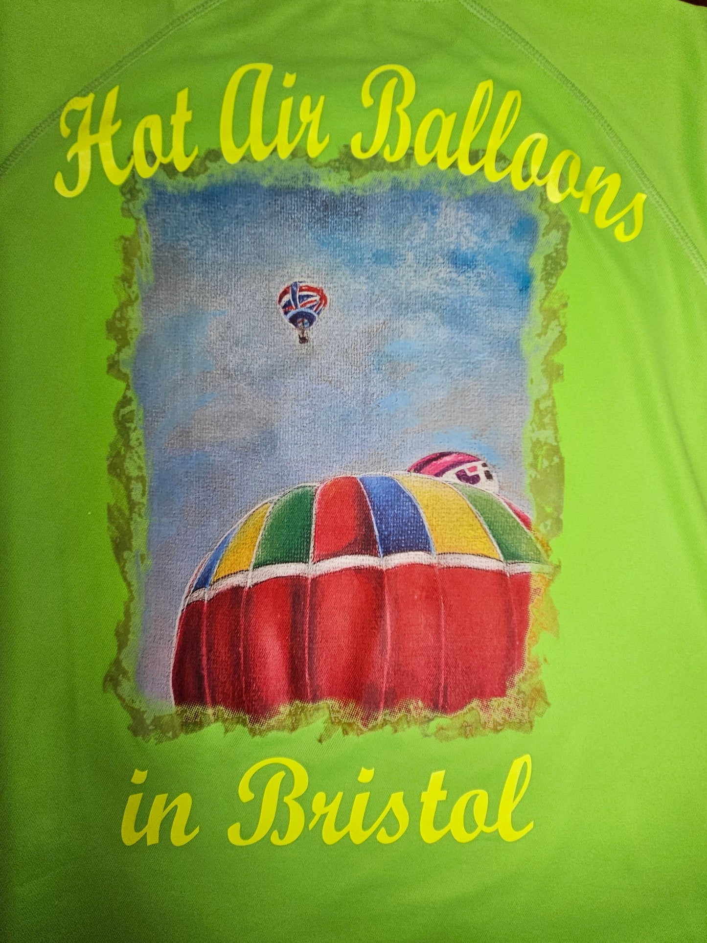 Lime Green. T-Shirts with Hot Air Balloons in Bristol Graphics for Adults. High quality sport Aircool Tees. Lime Green colour.