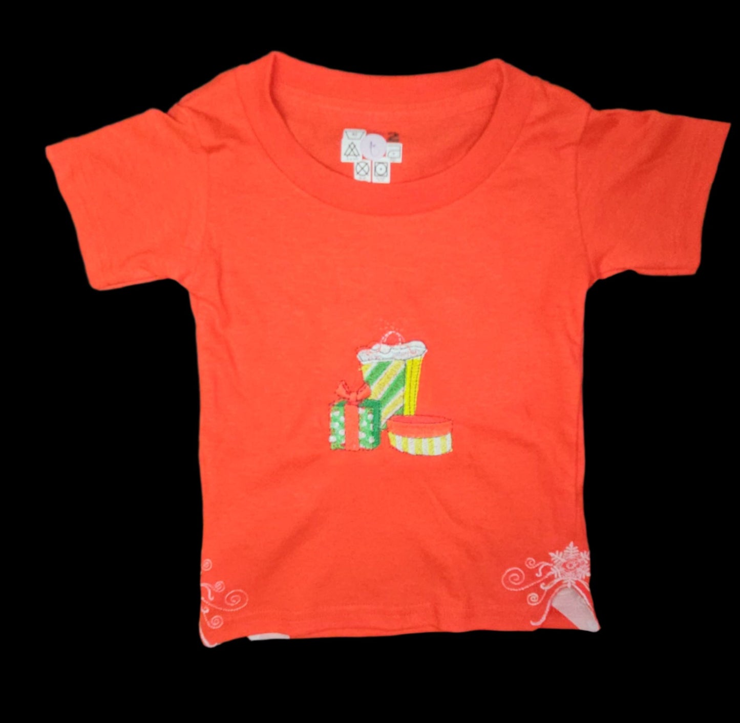 Christmas Presents embroidered, and Trendy Embroidered Sides on Red T-Shirts for Toddlers. Comfortable, soft Tees.