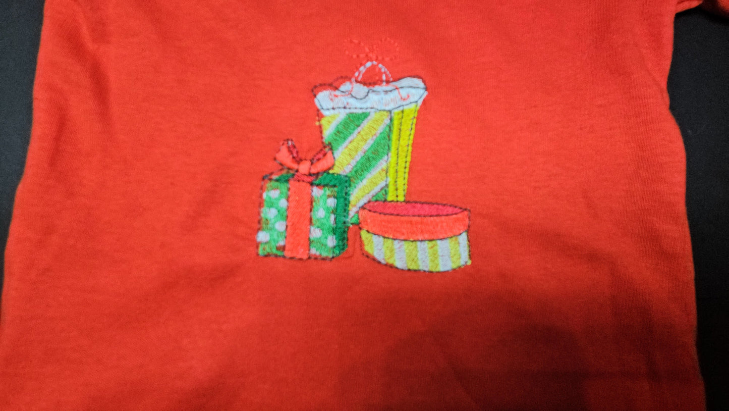 Christmas Presents embroidered, and Trendy Embroidered Sides on Red T-Shirts for Toddlers. Comfortable, soft Tees.