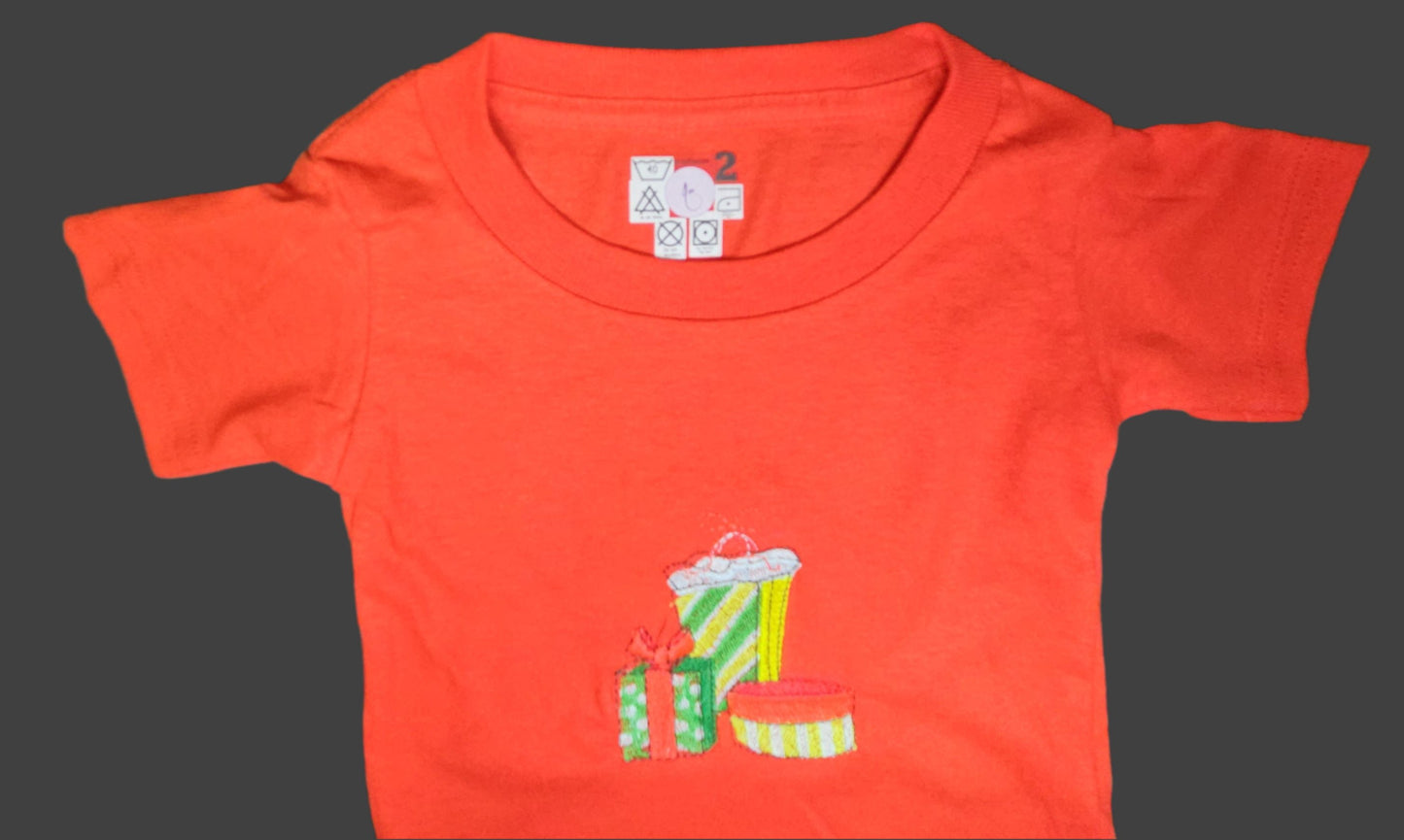 Christmas Presents embroidered, and Trendy Embroidered Sides on Red T-Shirts for Toddlers. Comfortable, soft Tees.