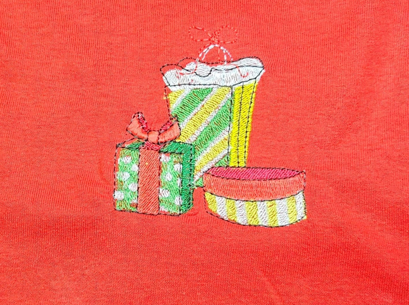 Christmas Presents embroidered, and Trendy Embroidered Sides on Red T-Shirts for Toddlers. Comfortable, soft Tees.