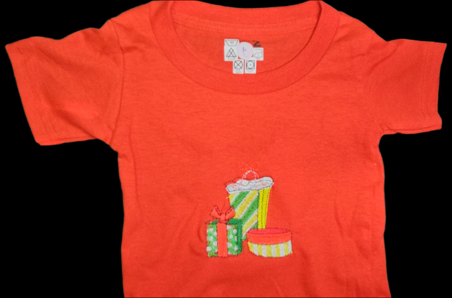 Christmas Presents embroidered, and Trendy Embroidered Sides on Red T-Shirts for Toddlers. Comfortable, soft Tees.