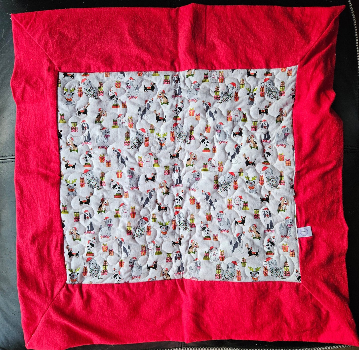 Christmas Dogs in Christmas Hats & Presents Handmade Pet blanket. Double sided, cotton print on one side, brushed cotton on the back. Handmade, soft, comfy.