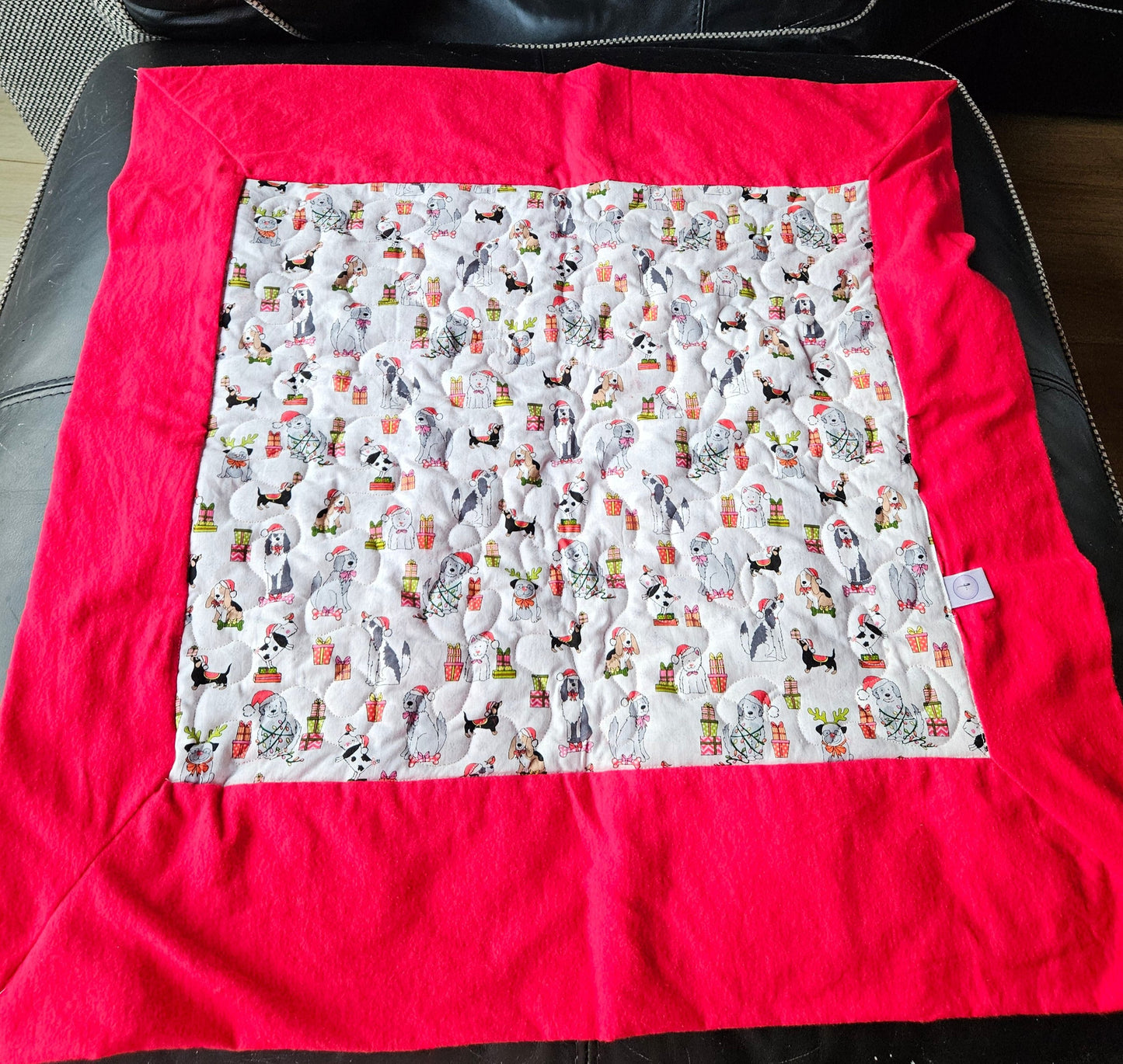 Christmas Dogs in Christmas Hats & Presents Handmade Pet blanket. Double sided, cotton print on one side, brushed cotton on the back. Handmade, soft, comfy.