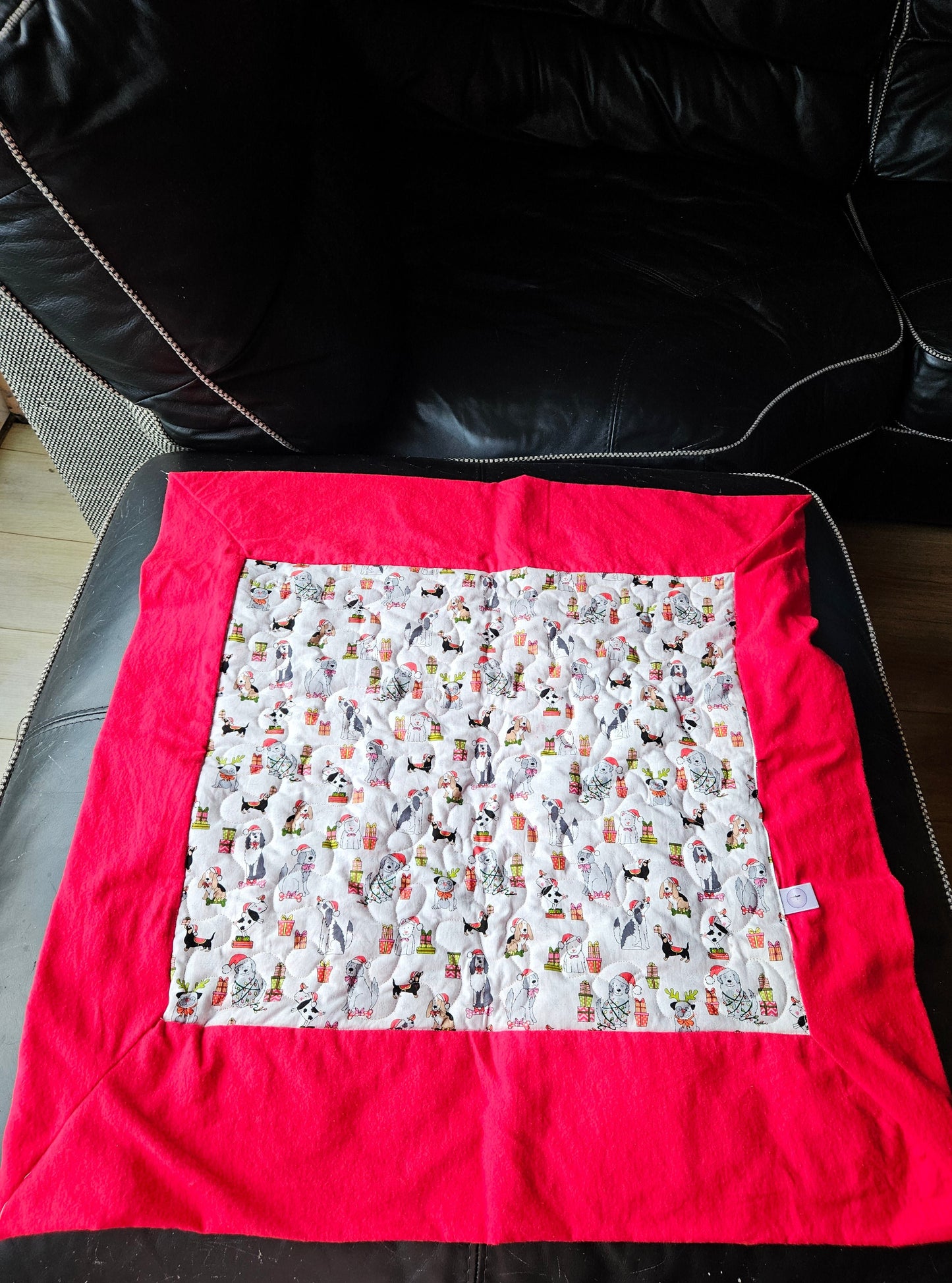 Christmas Dogs in Christmas Hats & Presents Handmade Pet blanket. Double sided, cotton print on one side, brushed cotton on the back. Handmade, soft, comfy.