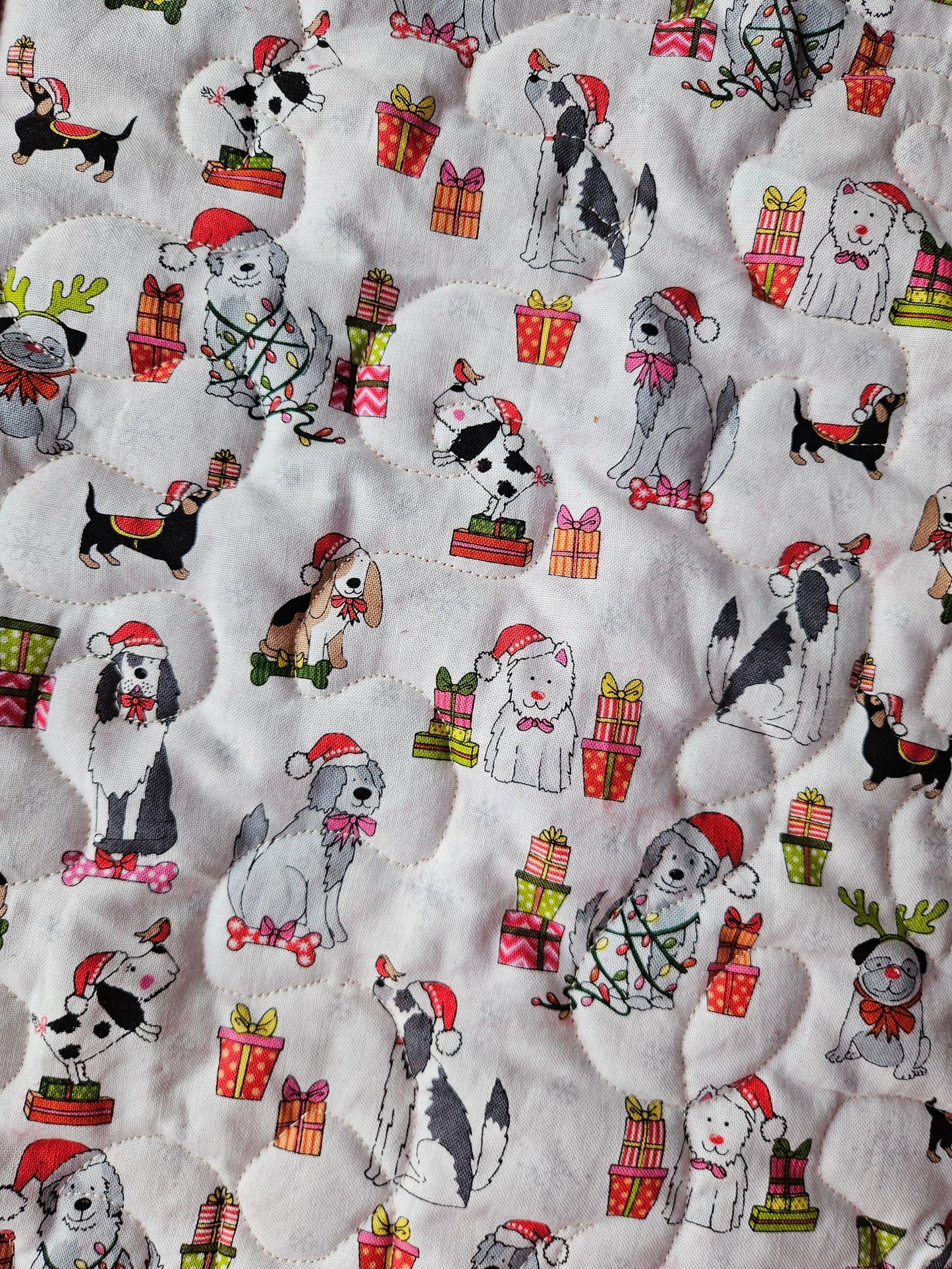 Christmas Dogs in Christmas Hats & Presents Handmade Pet blanket. Double sided, cotton print on one side, brushed cotton on the back. Handmade, soft, comfy.