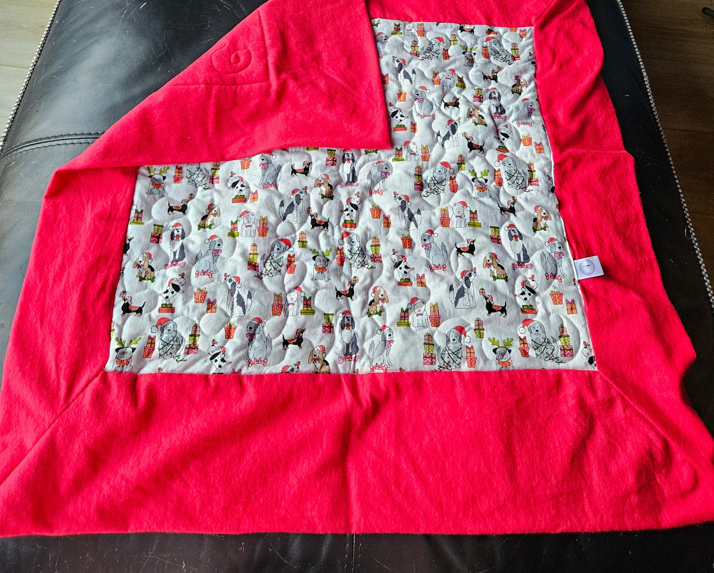 Christmas Dogs in Christmas Hats & Presents Handmade Pet blanket. Double sided, cotton print on one side, brushed cotton on the back. Handmade, soft, comfy.