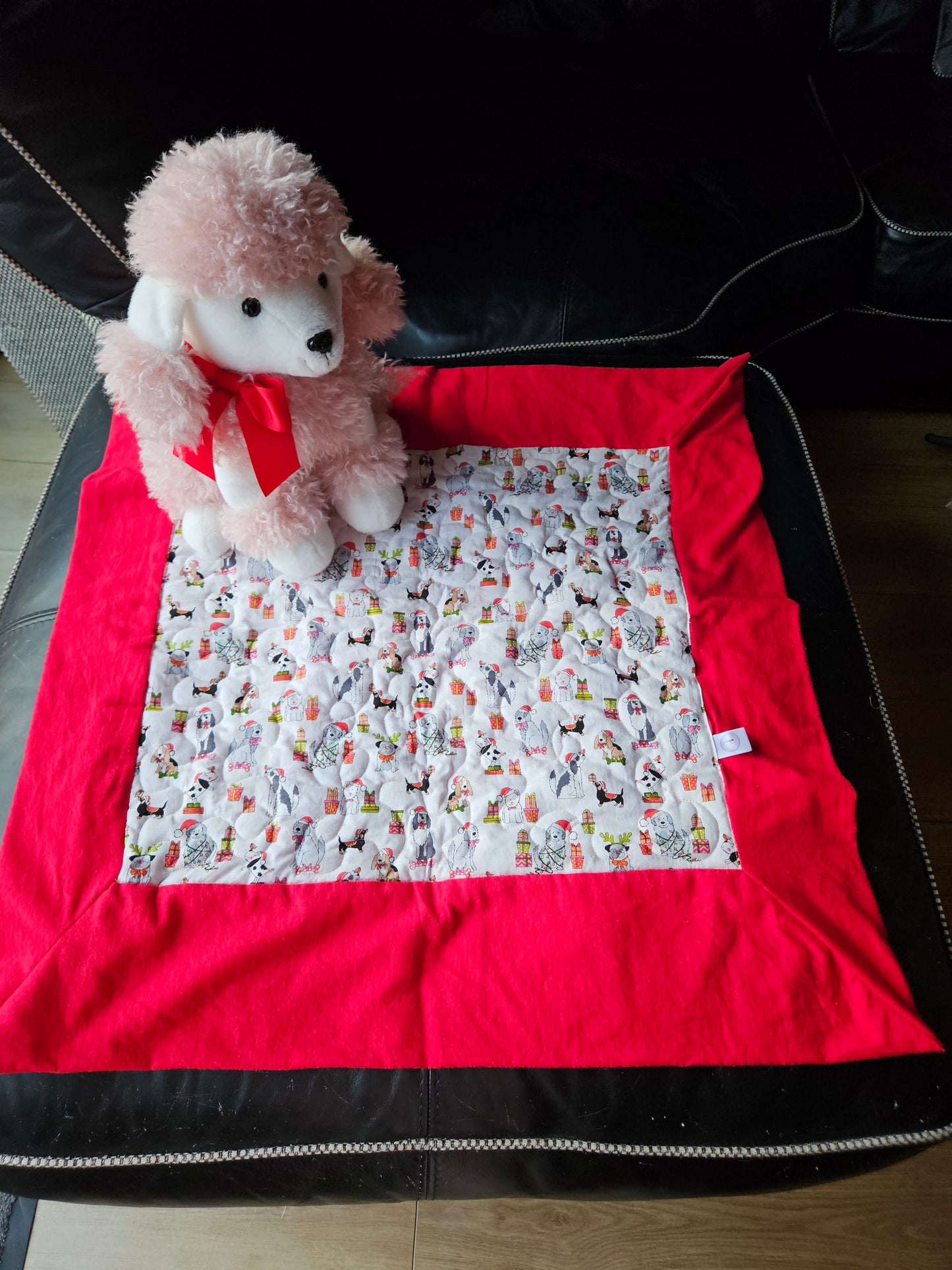 Christmas Dogs in Christmas Hats & Presents Handmade Pet blanket. Double sided, cotton print on one side, brushed cotton on the back. Handmade, soft, comfy.