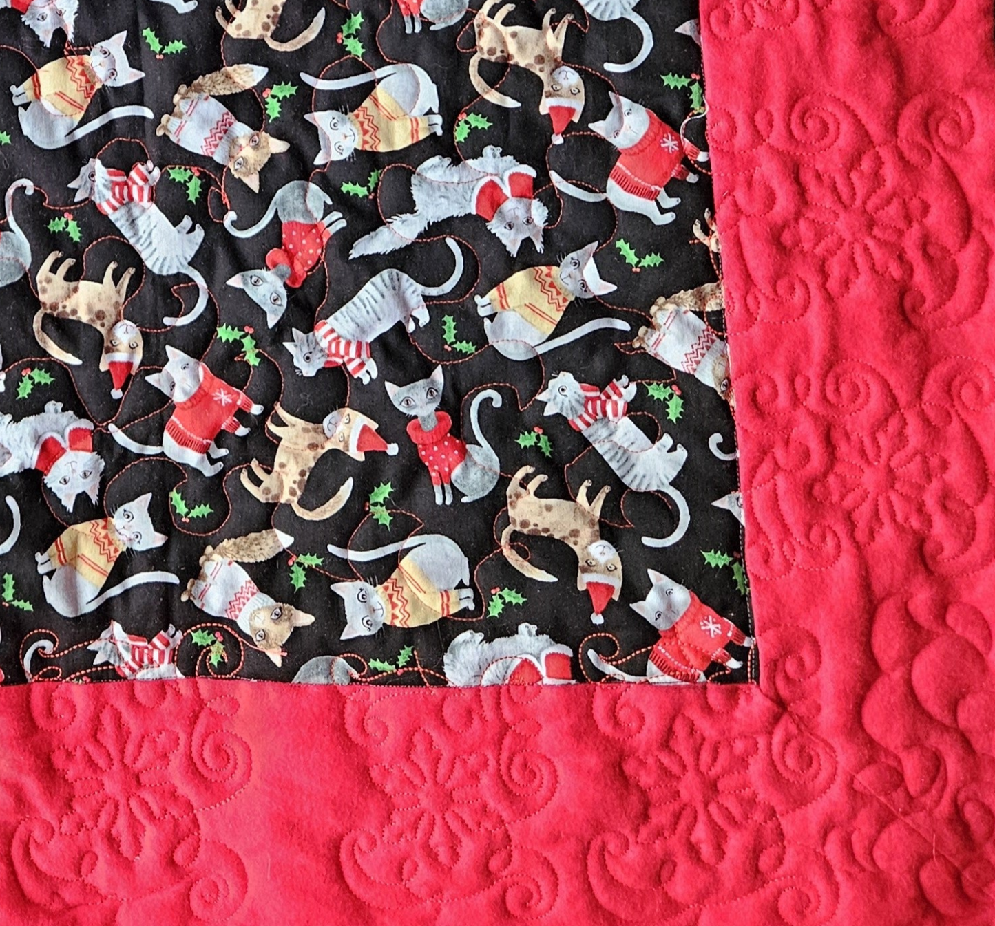 Christmas Cats in Sweaters Handmade Pet Blanket. Double sided, cotton print on one side, brushed cotton on the back. Handmade, soft, comfy.