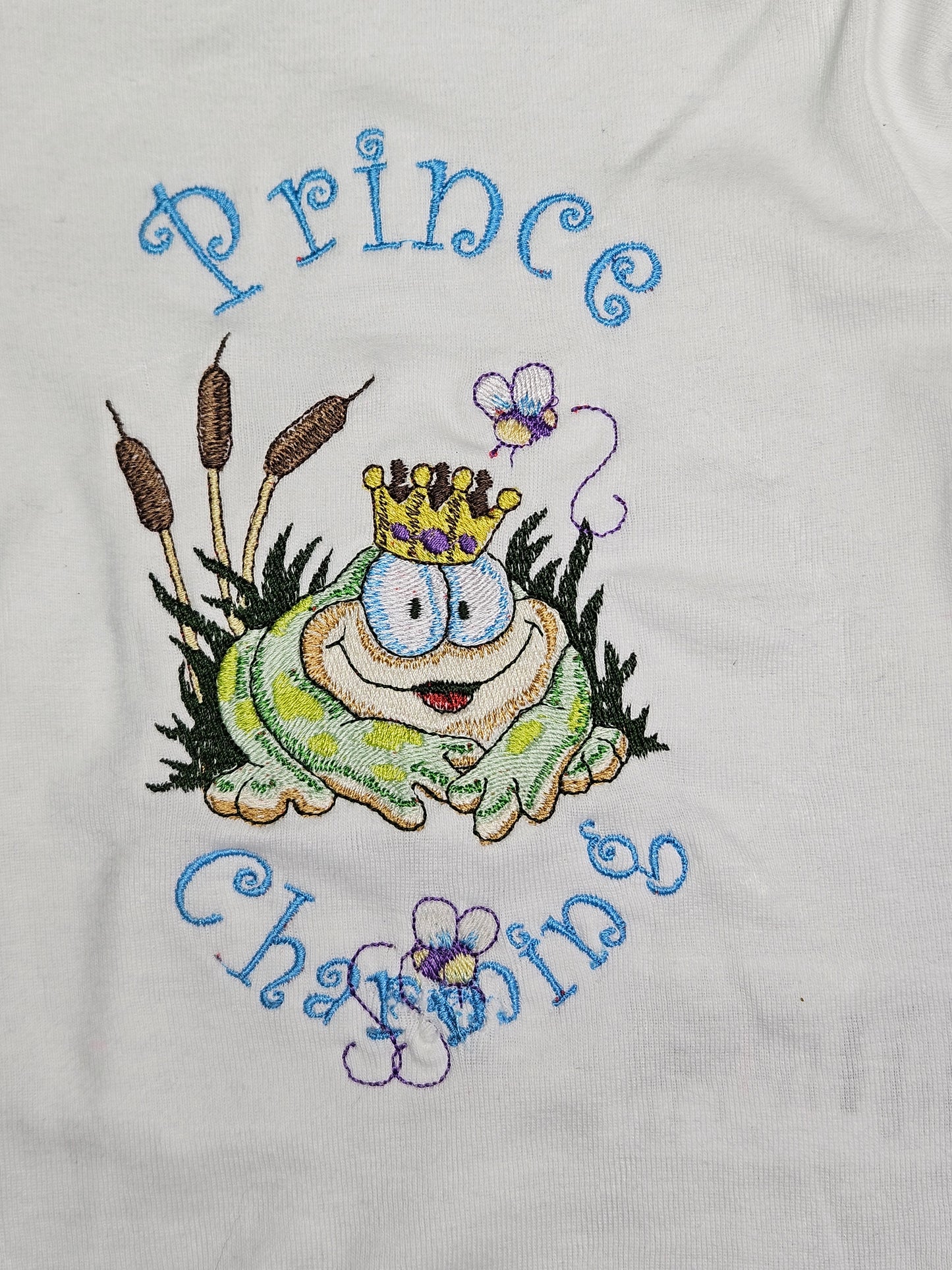 Prince Charming Froggy. Cute Design Embroidered on Organic Cotton Long and Short Sleeve Baby Bodysuit. Comfortable and soft.