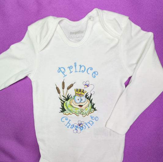 Prince Charming Froggy. Cute Design Embroidered on Organic Cotton Long and Short Sleeve Baby Bodysuit. Comfortable and soft.