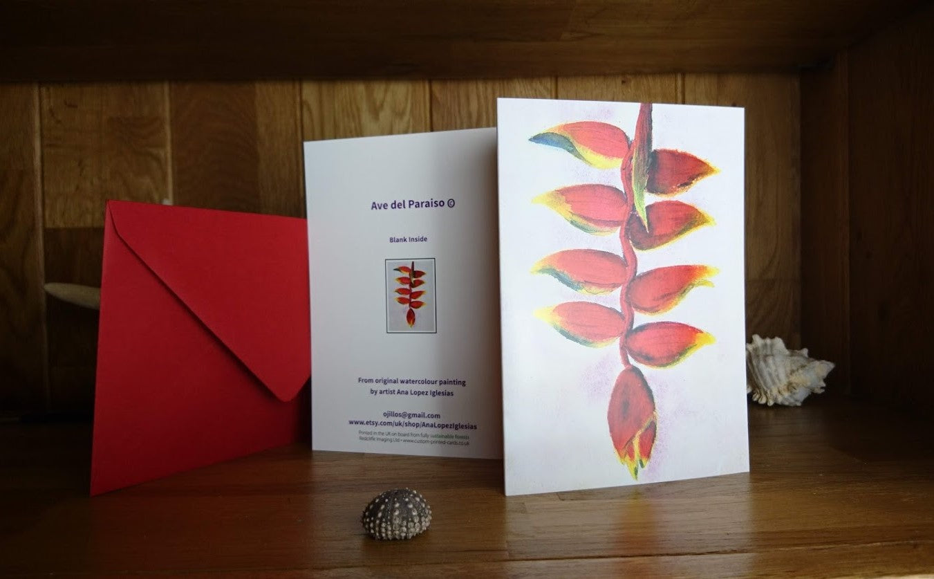 Greeting Cards "Bird of Paradise" Flower - Heliconia".  Exotic tropical flower from my original watercolour painting.