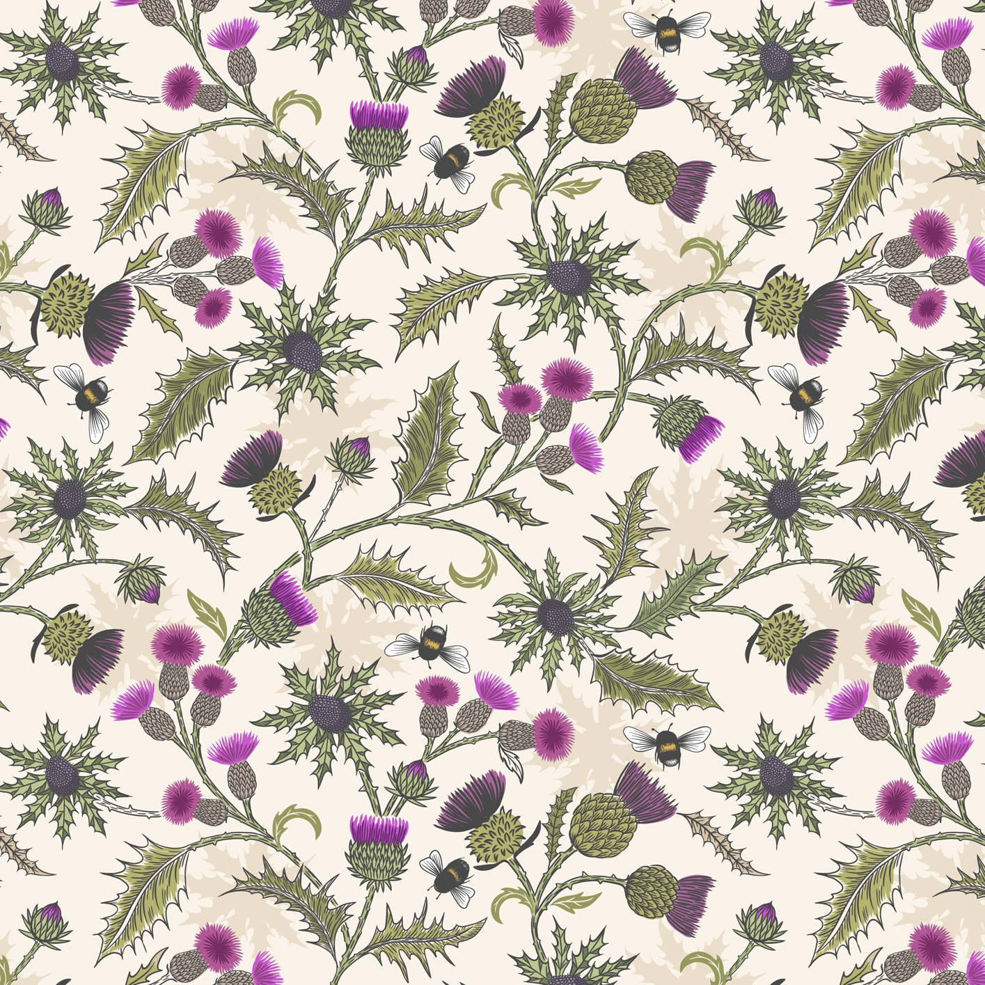 Highland cow and thistle on light cream - Highlands Fabrics Collection by Lewis & Irene