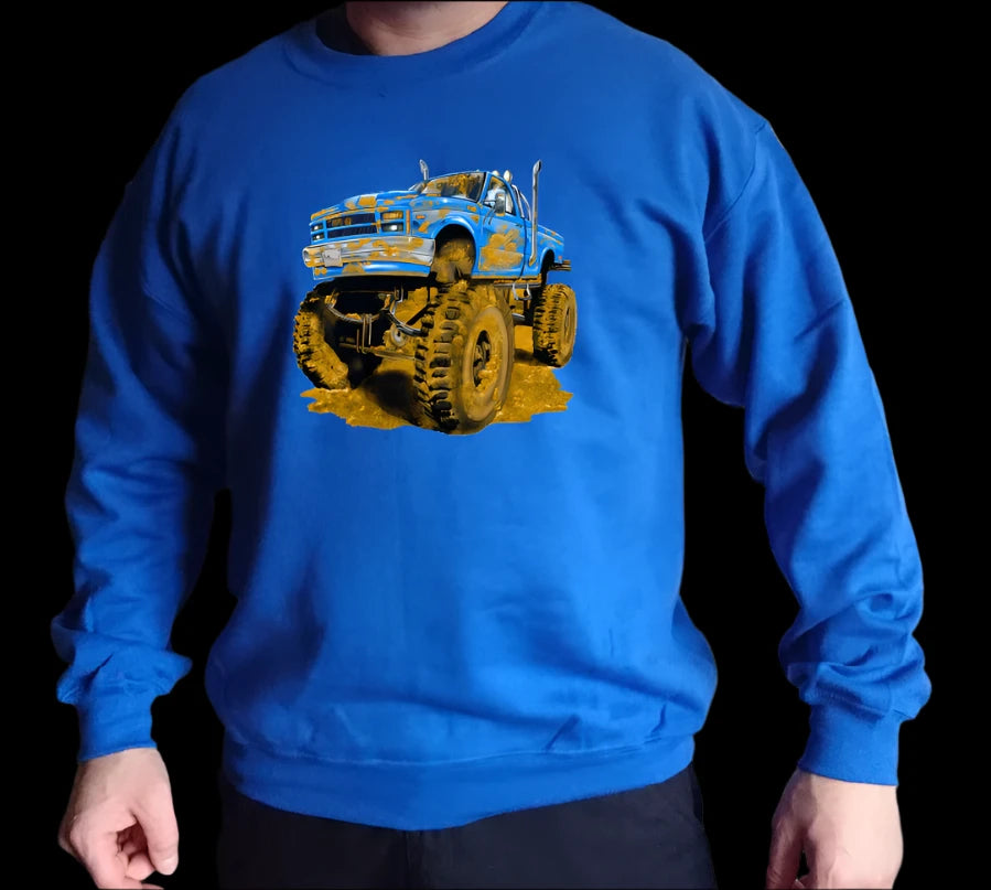 The Muddy Monster Truck Sweatshirt. Comfortable, warm, various colours for Youth and Adults.