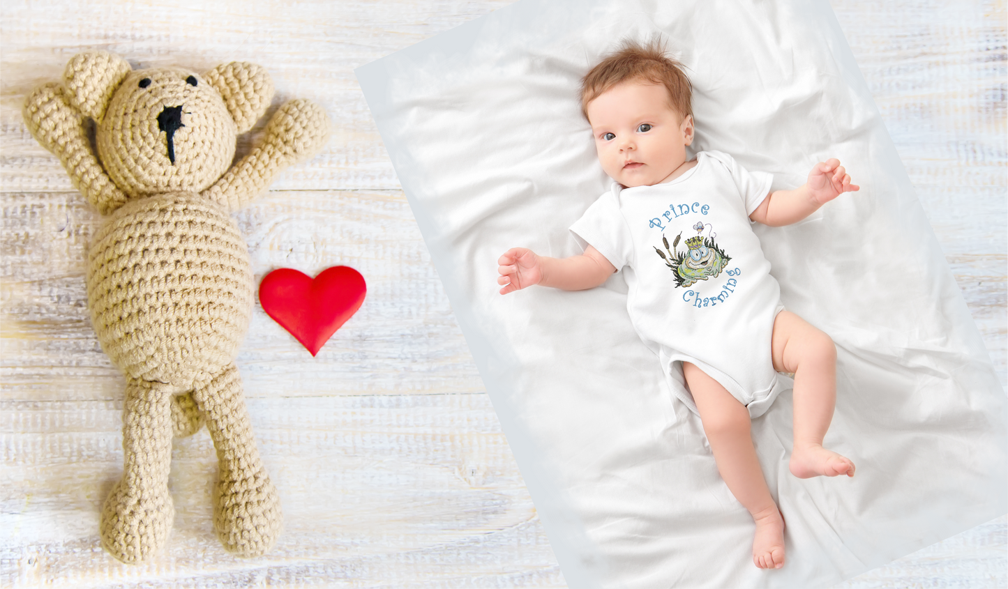 Prince Charming Froggy. Cute Design Embroidered on Organic Cotton Long and Short Sleeve Baby Bodysuit. Comfortable and soft.