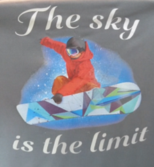 Ski Boarding Graphic with the quote "The Sky is the Limit" on a grey short sleeve T-Shirt. High quality sport Aircool Tees. The logo at the front can be personalised.