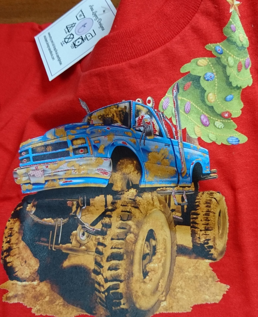 T-Shirts with the print of The Muddy Monster Truck carrying a Christmas Tree. Comfortable, soft Tees for Toddlers, Youth and Adults.