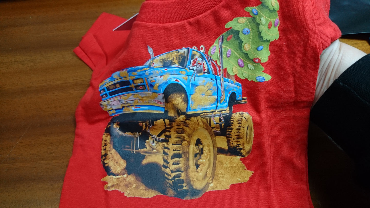 T-Shirts with the print of The Muddy Monster Truck carrying a Christmas Tree. Comfortable, soft Tees for Toddlers, Youth and Adults.