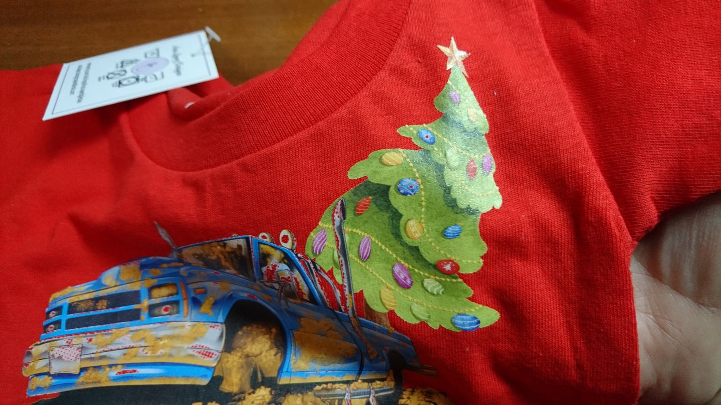 T-Shirts with the print of The Muddy Monster Truck carrying a Christmas Tree. Comfortable, soft Tees for Toddlers, Youth and Adults.