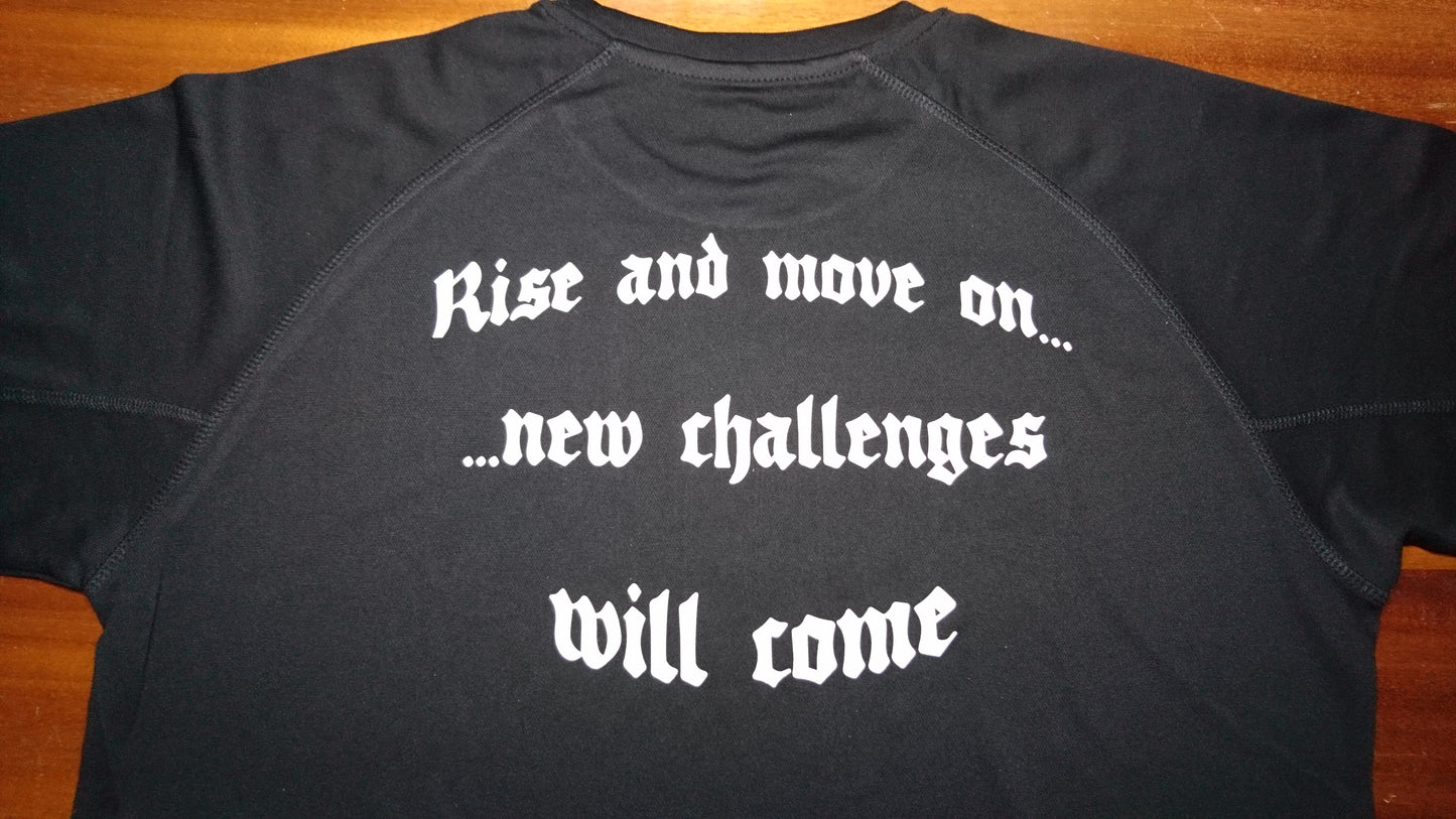 Samurai Print on Black T-Shirt. High quality sport Aircool Tees with a Samurai Graphic, and quote "Rise and move on new challenge will come" at the back