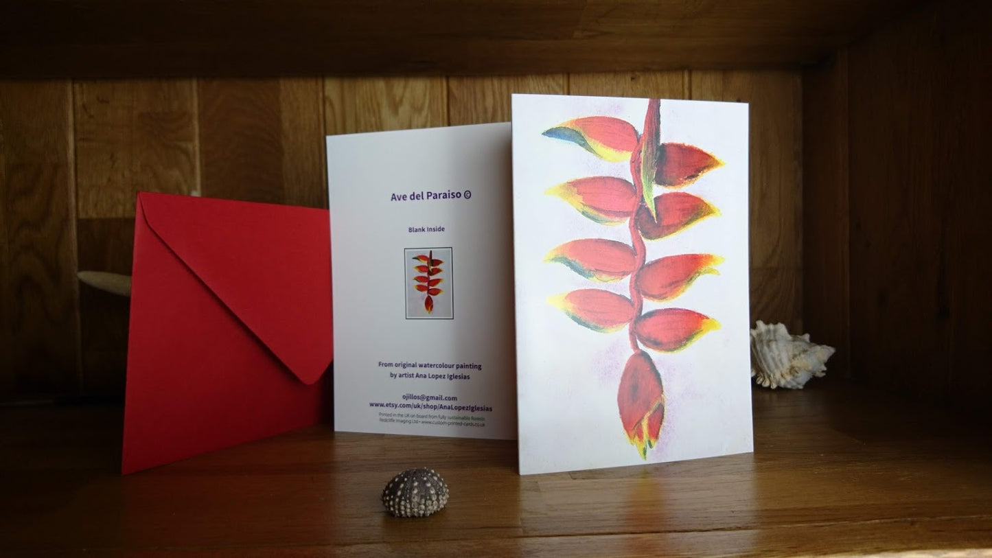 Greeting Cards "Bird of Paradise" Flower - Heliconia".  Exotic tropical flower from my original watercolour painting.