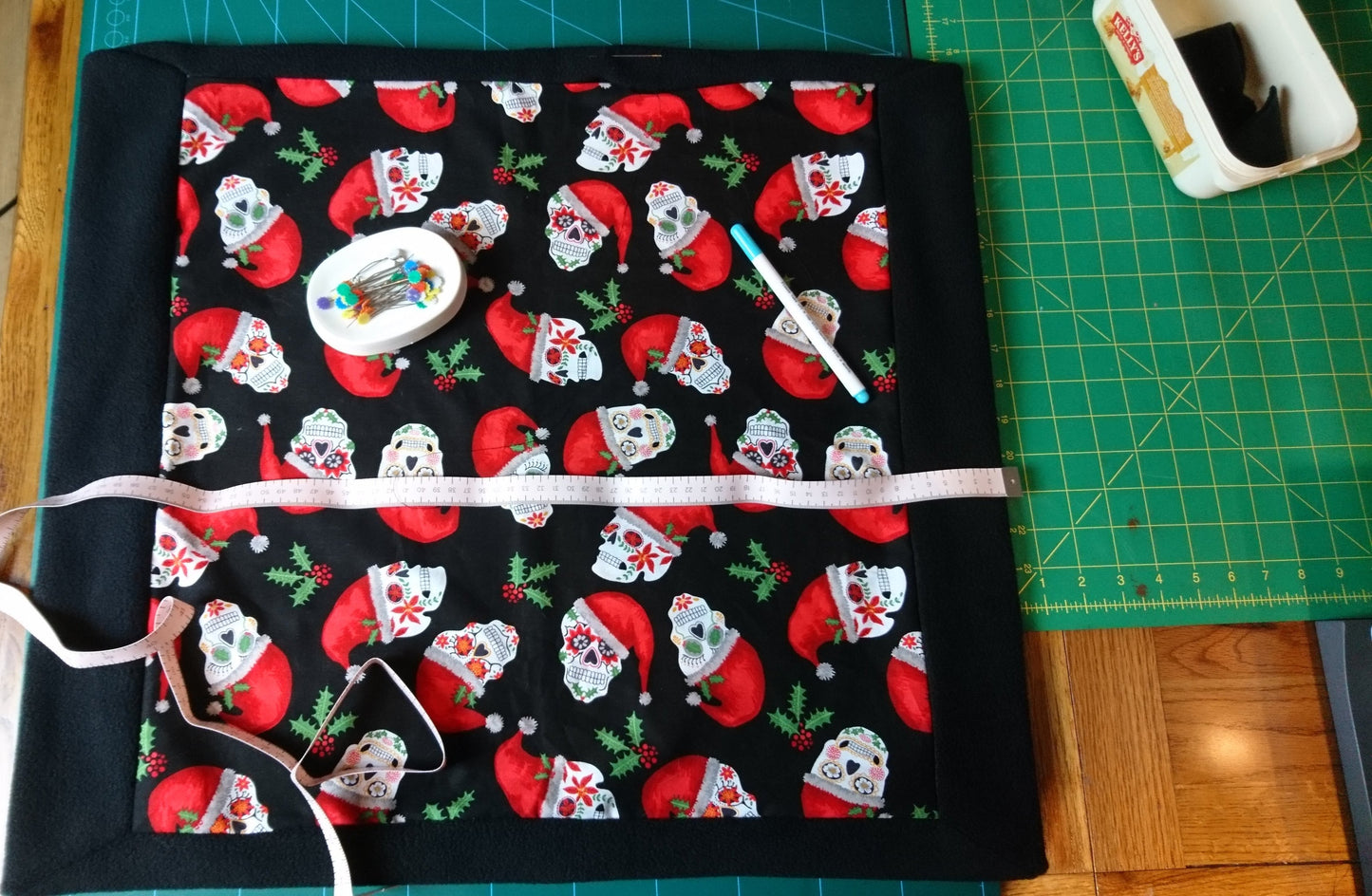 Christmas Sugar Skulls Handmade Pet blanket. Double sided, cotton on one side, black fleece on the back. Personalised. Handmade, soft, comfy.