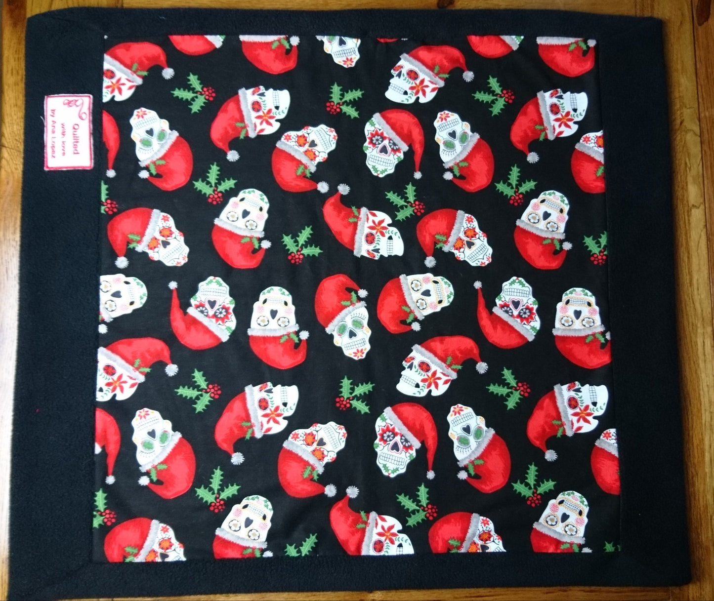 Christmas Sugar Skulls Handmade Pet blanket. Double sided, cotton on one side, black fleece on the back. Personalised. Handmade, soft, comfy.