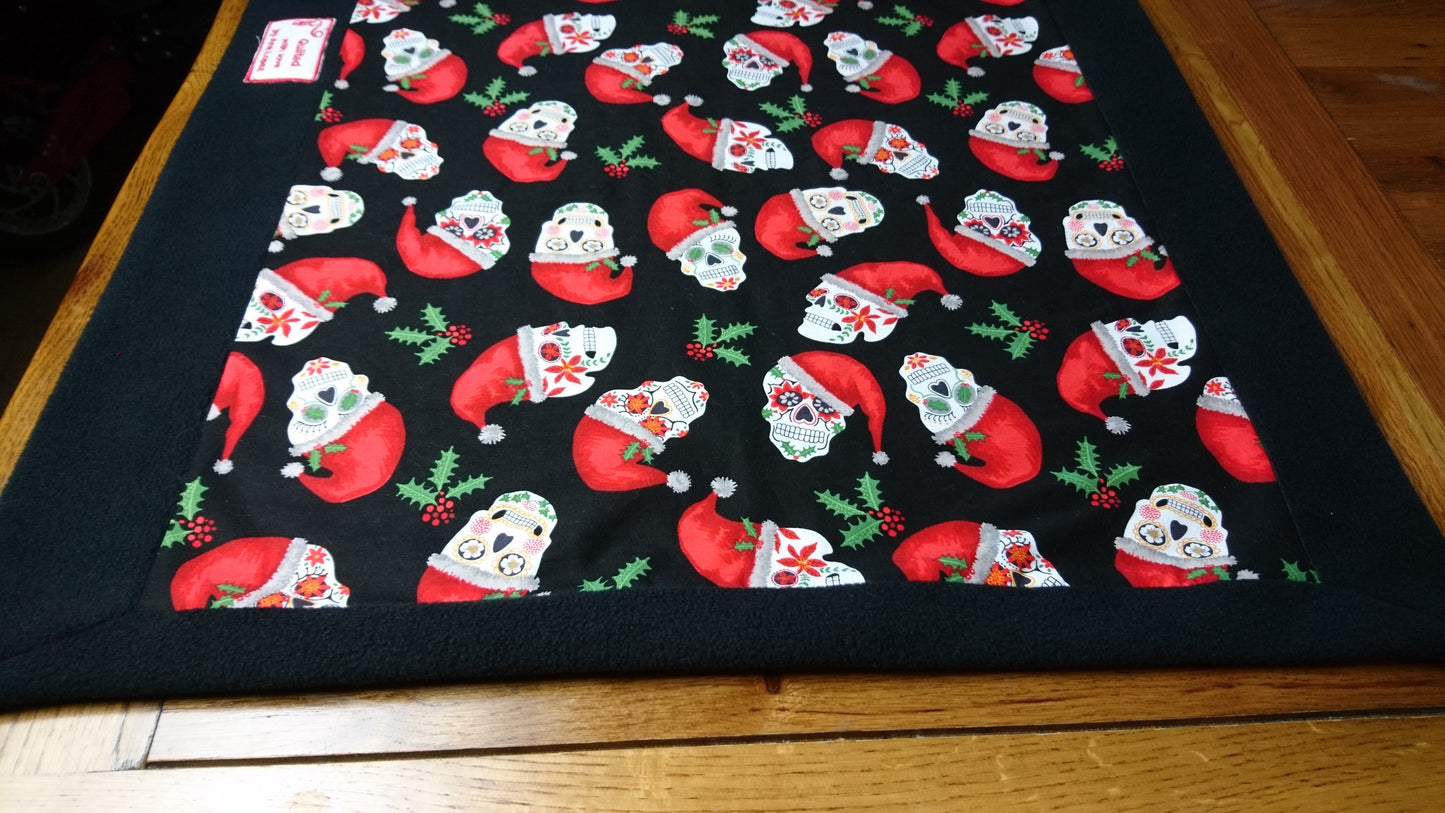 Christmas Sugar Skulls Handmade Pet blanket. Double sided, cotton on one side, black fleece on the back. Personalised. Handmade, soft, comfy.