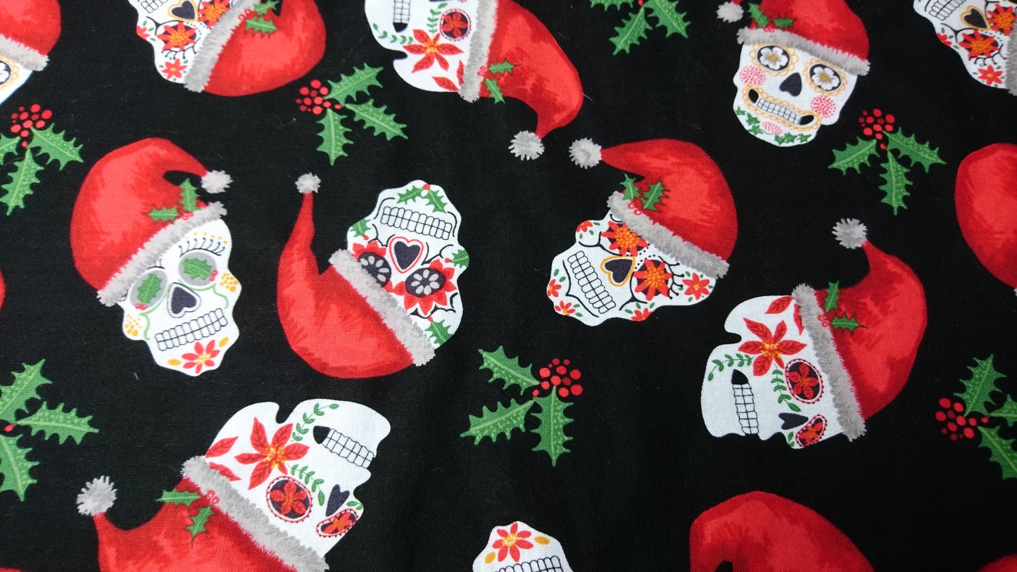 Christmas Sugar Skulls Handmade Pet blanket. Double sided, cotton on one side, black fleece on the back. Personalised. Handmade, soft, comfy.