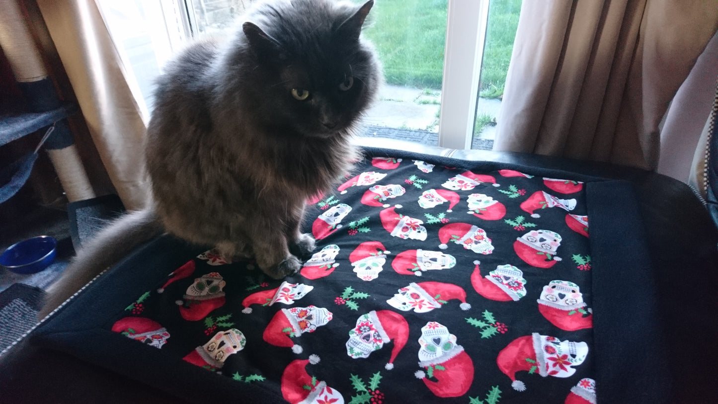 Christmas Sugar Skulls Handmade Pet blanket. Double sided, cotton on one side, black fleece on the back. Personalised. Handmade, soft, comfy.