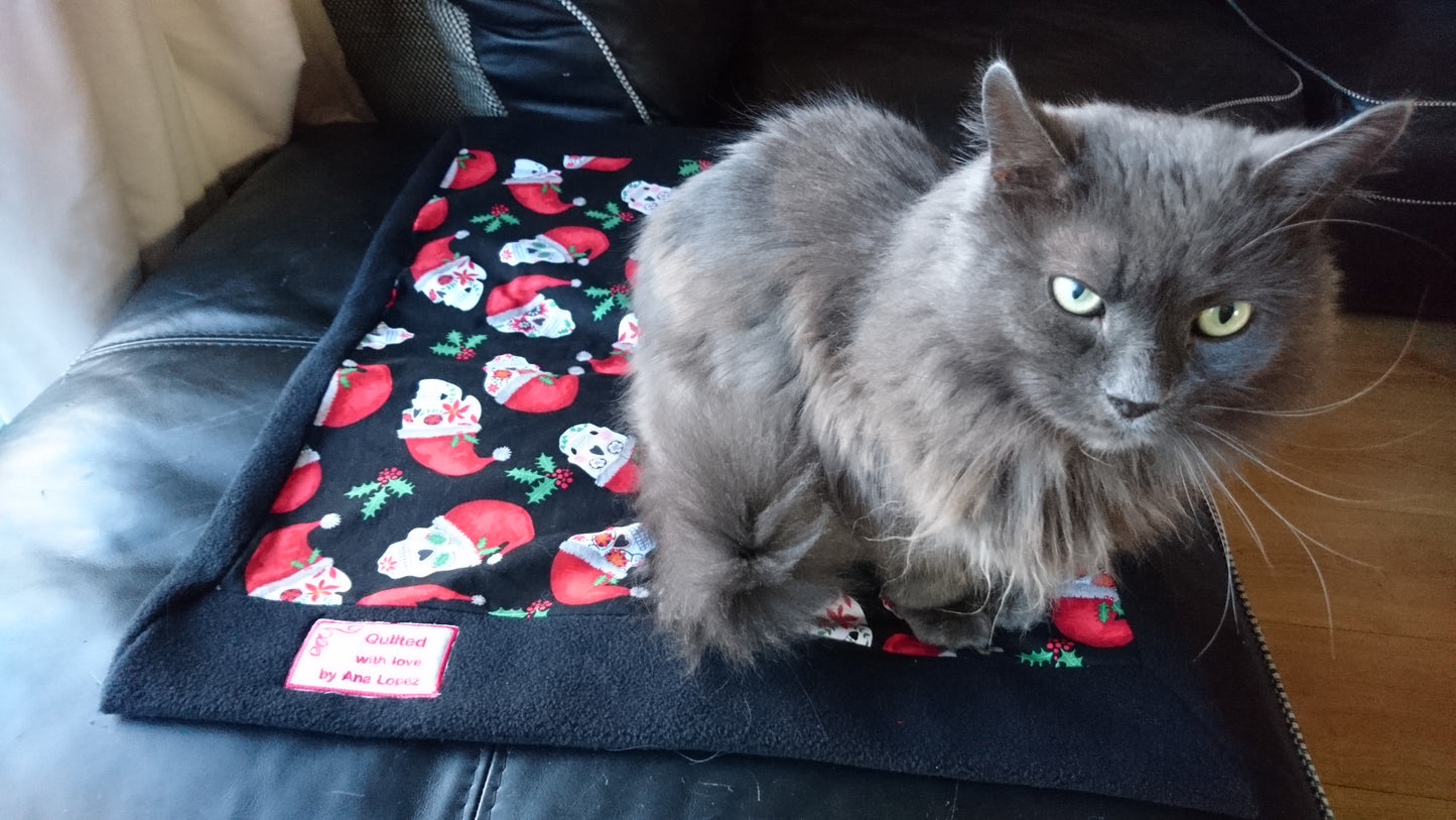 Christmas Sugar Skulls Handmade Pet blanket. Double sided, cotton on one side, black fleece on the back. Personalised. Handmade, soft, comfy.