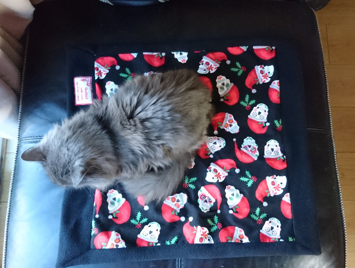 Christmas Sugar Skulls Handmade Pet blanket. Double sided, cotton on one side, black fleece on the back. Personalised. Handmade, soft, comfy.