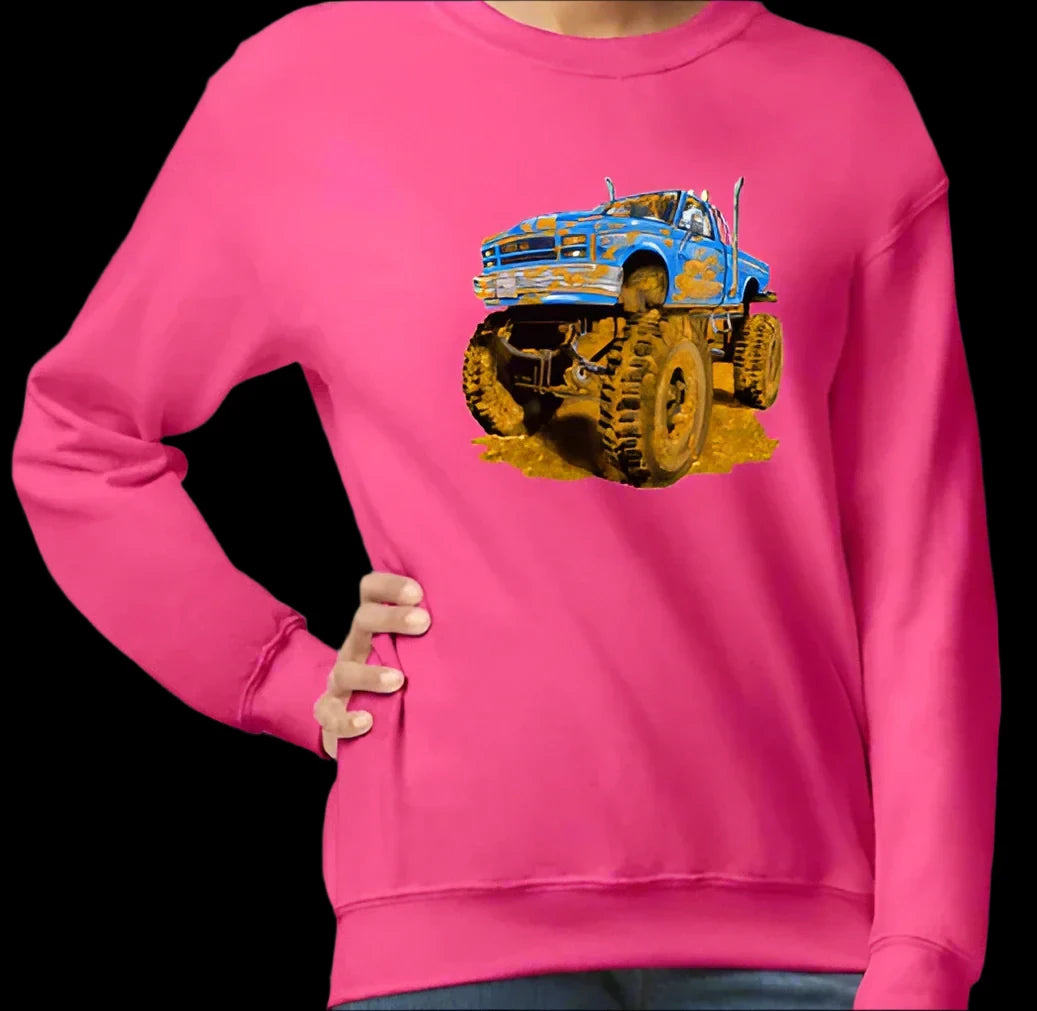 The Muddy Monster Truck Sweatshirt. Comfortable, warm, various colours for Youth and Adults.