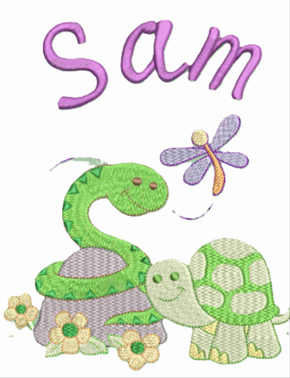 Personalised Baby Snake and Baby Turtle enjoying the spring with their little Dragonfly friend.  Design Embroidered on Organic Cotton Long and Short Sleeve Baby Bodysuit. Comfortable and soft.