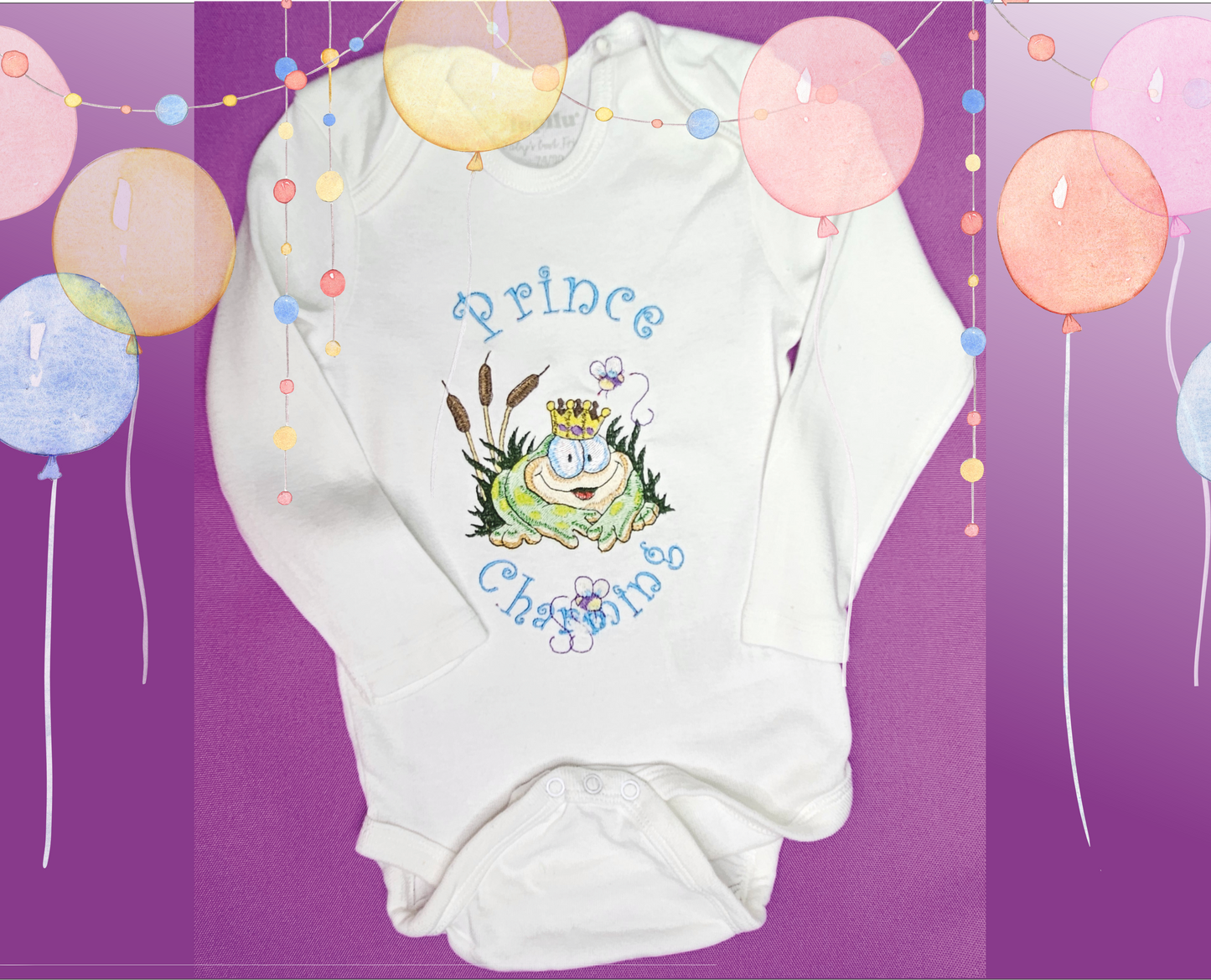 Prince Charming Froggy. Cute Design Embroidered on Organic Cotton Long and Short Sleeve Baby Bodysuit. Comfortable and soft.