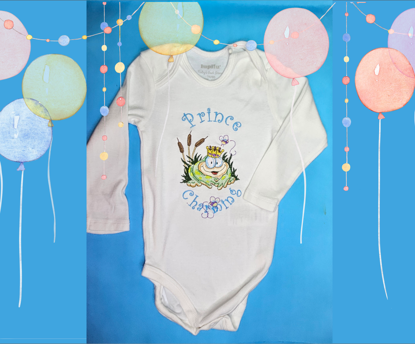 Prince Charming Froggy. Cute Design Embroidered on Organic Cotton Long and Short Sleeve Baby Bodysuit. Comfortable and soft.