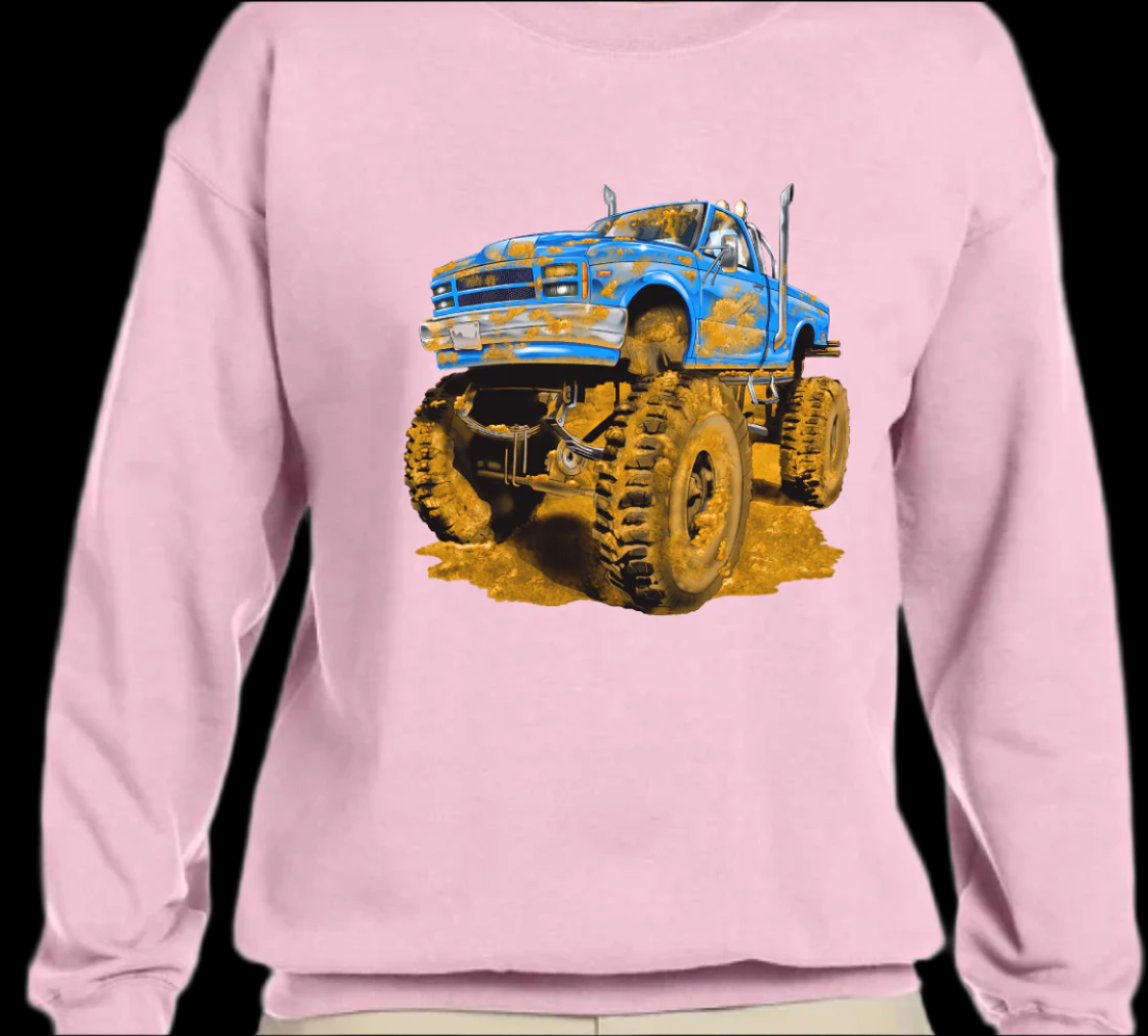 The Muddy Monster Truck Sweatshirt. Comfortable, warm, various colours for Youth and Adults.